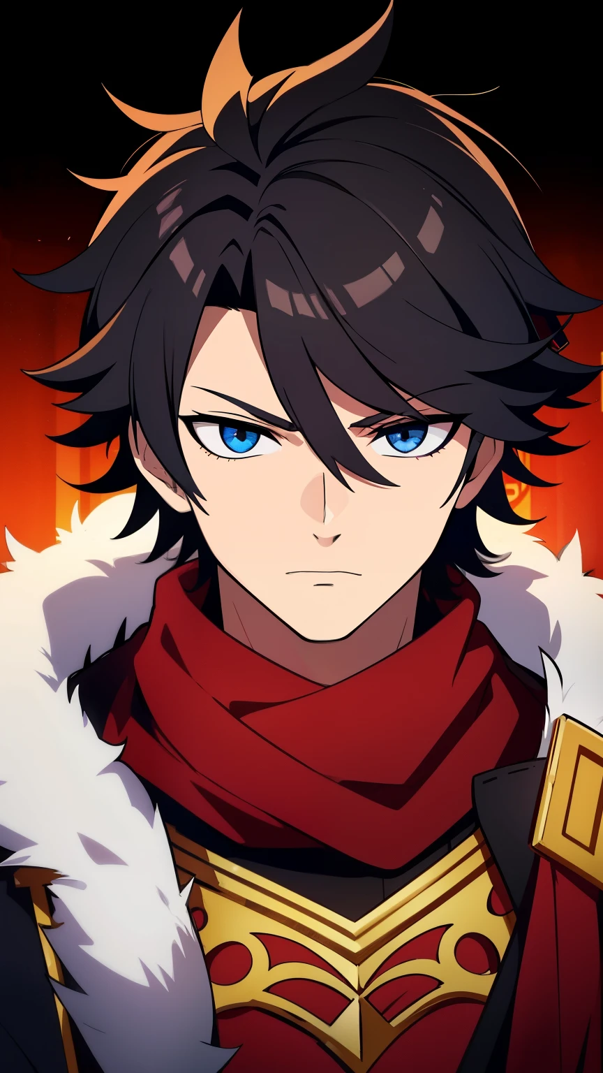 (high-quality, breathtaking),(expressive eyes, perfect face) 1boy, male, solo, age 18, ager age, masculine face, black color hair, red eye color, spiky fluffy hair, short hair length, messy loose hair, modern clothing, red and black tunic, black scarf, decals on clothing, Symmetrical Eyes, portrait, bustshot, serious expression, greek styled clothing, ancient greek clothing, greek myth inspired