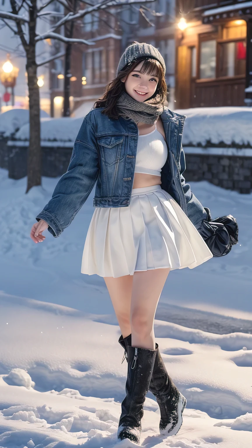 4K, (table top:1.3, realistic:1.4, 8 thousand), top quality, masterpiece, Ultra A high resolution, Fully dynamic configuration, Highly detailed skin and face textures:1.3, eye for detail, detailed limbs, winters, (Falling snowflakes:1.2), snowy landscape at night:1.2, 1 woman, Cute and sexy 21 year old slim woman, fair skin, (Snow fell on my body and clothes:1.2), ((laugh:0.9, completely captivates you:1.0)), (Thick short jacket over a white tank top.:1.3, Super mini pleated skirt:1.1), navel, Show off your panties, The jacket&#39;s buttons are open., ((very muchimuchi breasts:1.05)), ((Non-breaststroke)), short boots, (facing forward, me&#39;me는 눈 속을 걷고 있다), (beautiful blue eyes, Eyes that feel beautiful Eros:0.85), sexy face:0.4, (The texture to feel beautiful Eros:0.85), ((so cute beauty:0.9)), dynamic eros, me&#39;me 데이트 중이야,