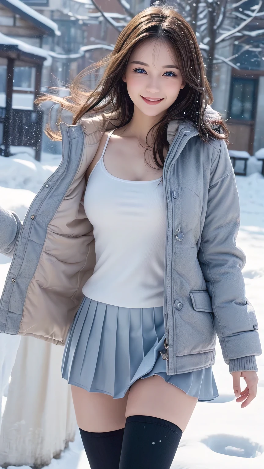 4K, (table top:1.3, realistic:1.4, 8 thousand), top quality, masterpiece, Ultra A high resolution, Fully dynamic configuration, Highly detailed skin and face textures:1.3, eye for detail, detailed limbs, winters, (Falling snowflakes:1.2), snowy landscape at night:1.2, 1 woman, Cute and sexy 21 year old slim woman, fair skin, (Snow fell on my body and clothes:1.2), ((laugh:0.9, completely captivates you:1.0)), (Thick short jacket over a white tank top.:1.3, Super mini pleated skirt:1.1), navel, Show off your panties, The jacket&#39;s buttons are open., ((very muchimuchi breasts:1.05)), ((Non-breaststroke)), short boots, (facing forward, me&#39;me는 눈 속을 걷고 있다), (beautiful blue eyes, Eyes that feel beautiful Eros:0.85), sexy face:0.4, (The texture to feel beautiful Eros:0.85), ((so cute beauty:0.9)), dynamic eros, me&#39;me 데이트 중이야,