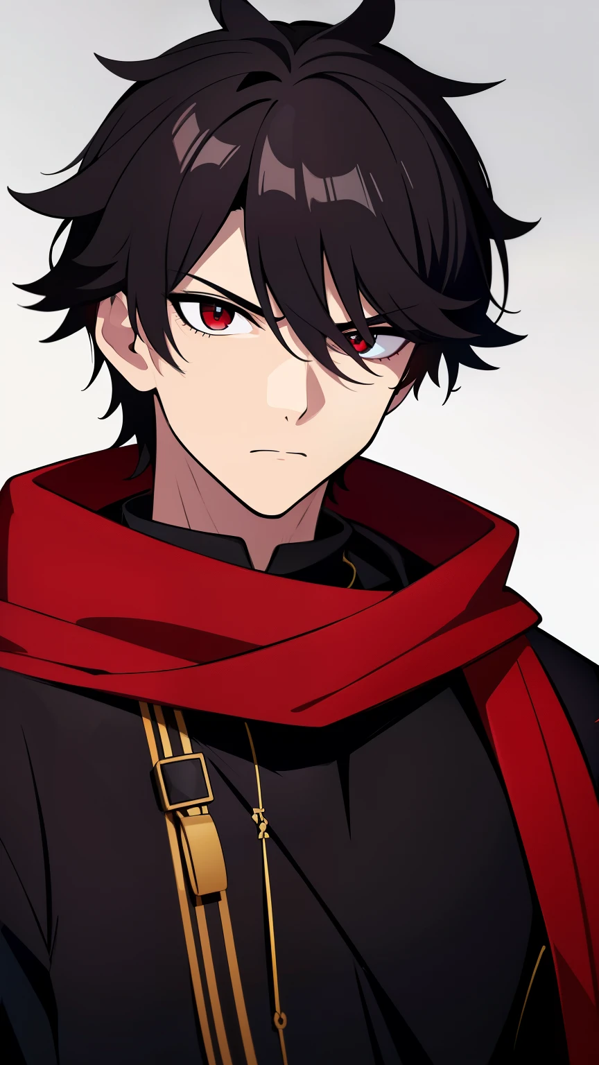 (high-quality, breathtaking),(expressive eyes, perfect face) 1boy, male, solo, age 18, teenager age, masculine face, black color hair, red eye color, spiky fluffy hair, short hair length, messy loose hair, modern clothing, red and black tunic, black scarf, decals on clothing, Symmetrical Eyes, portrait, bustshot, serious expression, greek styled clothing, ancient greek clothing, greek myth inspired
