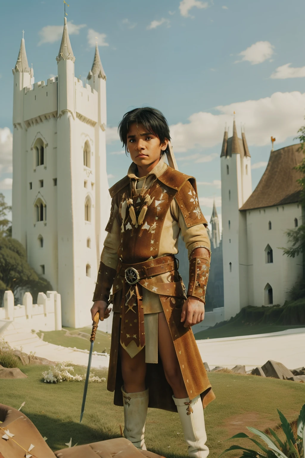 Fairytale Kingdom of Fantasia. Outside the ((((white ivory tower)))), ((((10-year-old)) Atreyu)), olive green skin, tall, athletic, brave, wise, ((grief expression)), wielding a sword defiantly. ((((suede and leather indigenous clothings)))), ((blueish-black hairstyle)).