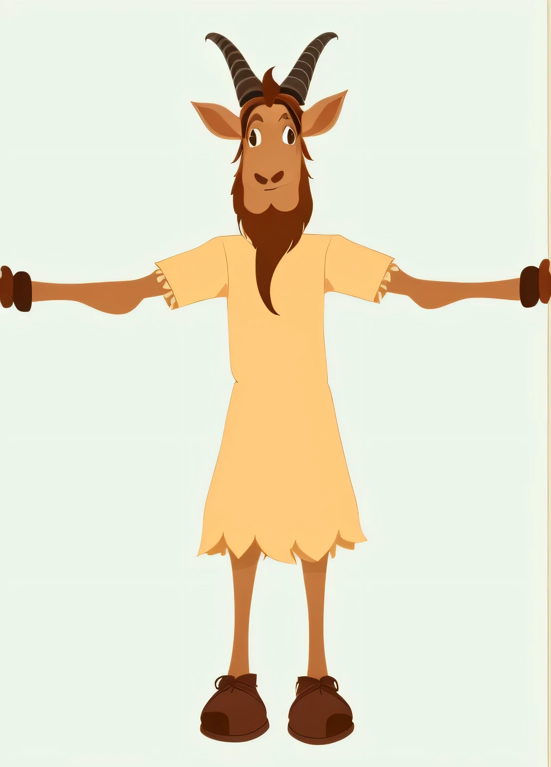Cartoon goat,horned,brown feet,wearing white dress, He has goat-man legs, goat body, Wearing caveman clothes, full body mascot, Alice Cooper plays a goat, , cloven hoof and horns, anthropomorphic character, holding a goat's supervisor, peter the goat, a bull, animated characters, long arms。Try to maintain the shape of your head, face and hairstyle