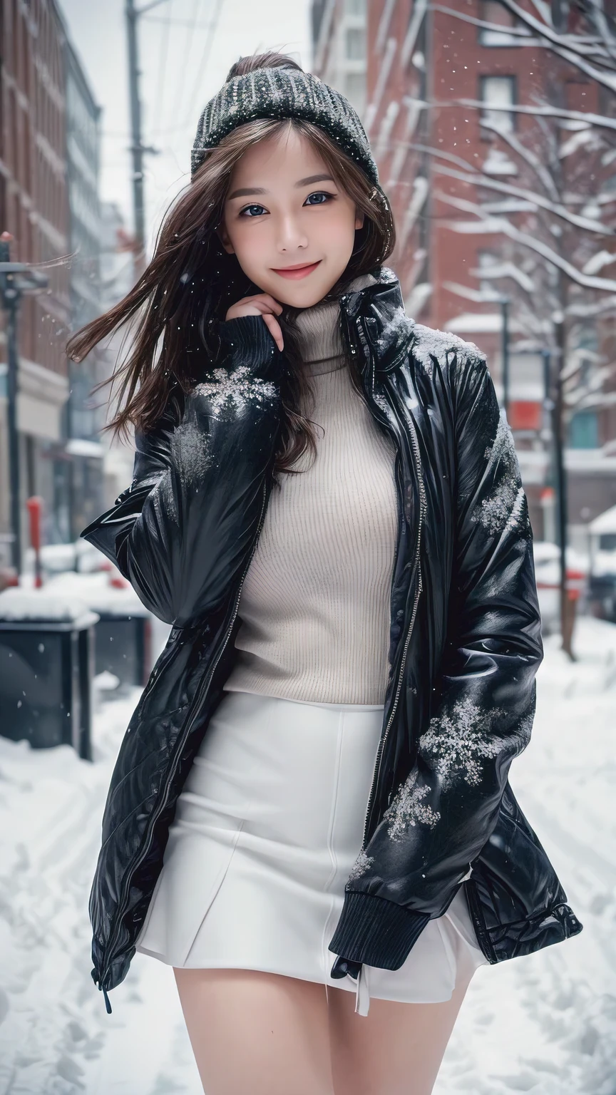 4K, (table top:1.3, realistic:1.4, 8 thousand), top quality, masterpiece, Ultra A high resolution, Fully dynamic configuration, Highly detailed skin and face textures:1.3, eye for detail, detailed limbs, winters, (Falling snowflakes:1.2), snowy landscape at night:1.2, 1 woman, Cute and sexy 21 year old slim woman, fair skin, (Snow fell on my body and clothes:1.2), ((laugh:0.9, completely captivates you:1.0)), (thick short jacket over white straps:1.3, super mini skirt:1.1), panty line, The jacket's buttons are open., ((very muchimuchi breasts:1.05)), (((Non-breaststroke))), short boots, (facing forward, me'me는 눈 속을 걷고 있다), (beautiful blue eyes, Eyes that feel beautiful Eros:0.85), sexy face:0.4, (The texture to feel beautiful Eros:0.85), ((so cute beauty:0.9)), dynamic eros, me'me 데이트 중이야,