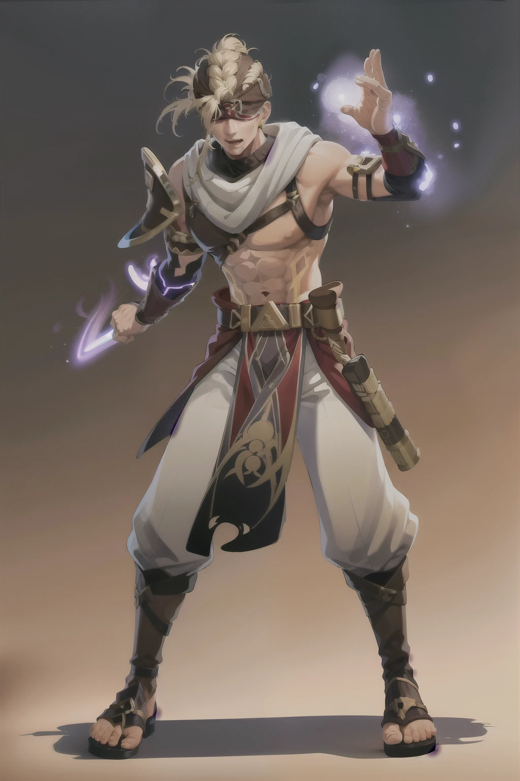 A lightning, a desert oasis, a red eye patch, a white scarf, (bracer:1.2), an armband, leather armor, separated sleeves, body markings, baggy pants, toeless shoes, (8k ultra-high definition, masterpiece:1.2), high-quality, 4K, 8K, intricate details, full body shot, extremely detailed, dressed in all-black traditional Japanese ninja attire, glossy ninja costume, wearing a hood, background with shurikens.