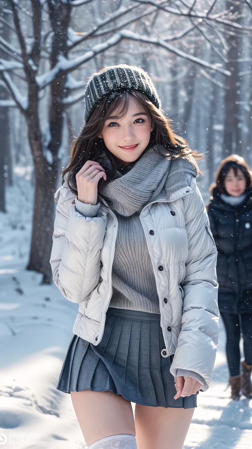 A woman in a skirt and jacket walking in the snow - SeaArt AI
