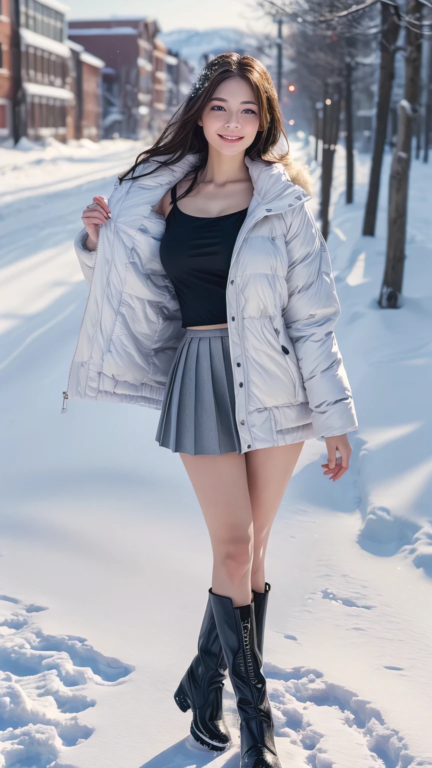 4K, (table top:1.3, realistic:1.4, 8 thousand), top quality, masterpiece, Ultra A high resolution, Fully dynamic configuration, Highly detailed skin and face textures:1.3, eye for detail, detailed limbs, winters, (Falling snowflakes:1.2), snowy landscape at night:1.2, 1 woman, Cute and sexy 21 year old slim woman, fair skin, (Snow fell on my body and clothes:1.2), ((laugh:0.9, completely captivates you:1.0)), (Thick short jacket over white strappy tank top.:1.3, Super mini pleated skirt:1.1), panty line, The jacket's buttons are open., ((very muchimuchi breasts:1.05)), (((Non-breaststroke))), short boots, (facing forward, me'me는 눈 속을 걷고 있다), (beautiful blue eyes, Eyes that feel beautiful Eros:0.85), sexy face:0.4, (The texture to feel beautiful Eros:0.85), ((so cute beauty:0.9)), dynamic eros, me'me 데이트 중이야,