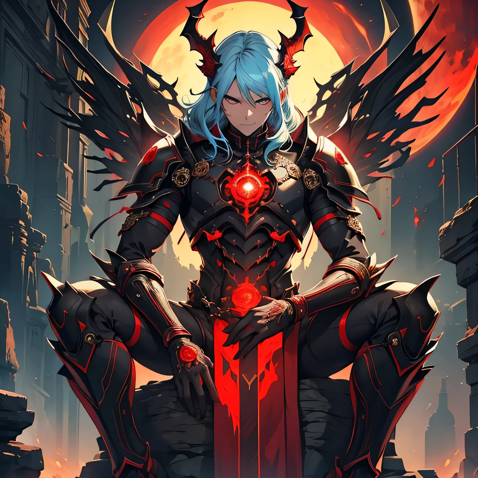 1 Male demon,skyblue hair,Noble and elegant,ultra - detailed, (s fractal art:1.4), rich colourful, detailed back ground,(Fractals in the background:1.2),Red Moon,Sit on a stone platform,black Feather,Red armor,divino,hight contrast, Ray traching, cinmatic lighting, (Start from the front:0.6)