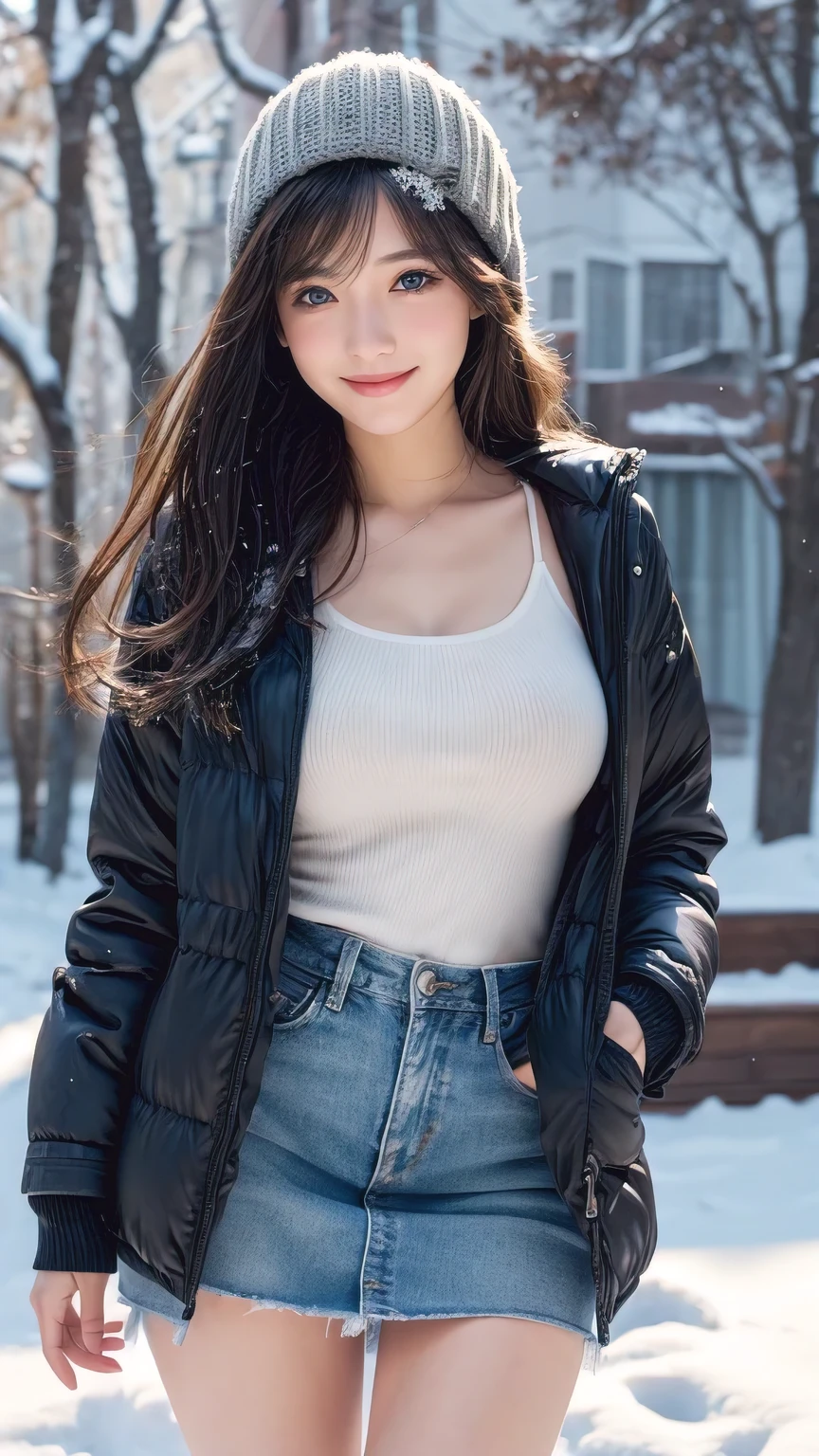 4K, (table top:1.3, realistic:1.4, 8 thousand), top quality, masterpiece, Ultra A high resolution, Fully dynamic configuration, Highly detailed skin and face textures:1.3, eye for detail, detailed limbs, winters, (Falling snowflakes:1.2), snowy landscape at night:1.2, 1 woman, Cute and ???? 21 year old slim woman, fair skin, (Snow fell on my body and clothes:1.2), ((laugh:0.9, completely captivates you:1.0)), (Thick short jacket over white mohair see-through tank top:1.3, super mini skirt:1.1), ????? line, The jacket's buttons are open., ((very muchimuchi ???????:1.05)), (((Non-breaststroke))), short boots, (facing forward, me'me는 눈 속을 걷고 있다), (beautiful blue eyes, Eyes that feel beautiful Eros:0.85), ???? face:0.4, (The texture to feel beautiful Eros:0.85), ((so cute beauty:0.9)), dynamic eros, me'me 데이트 중이야,