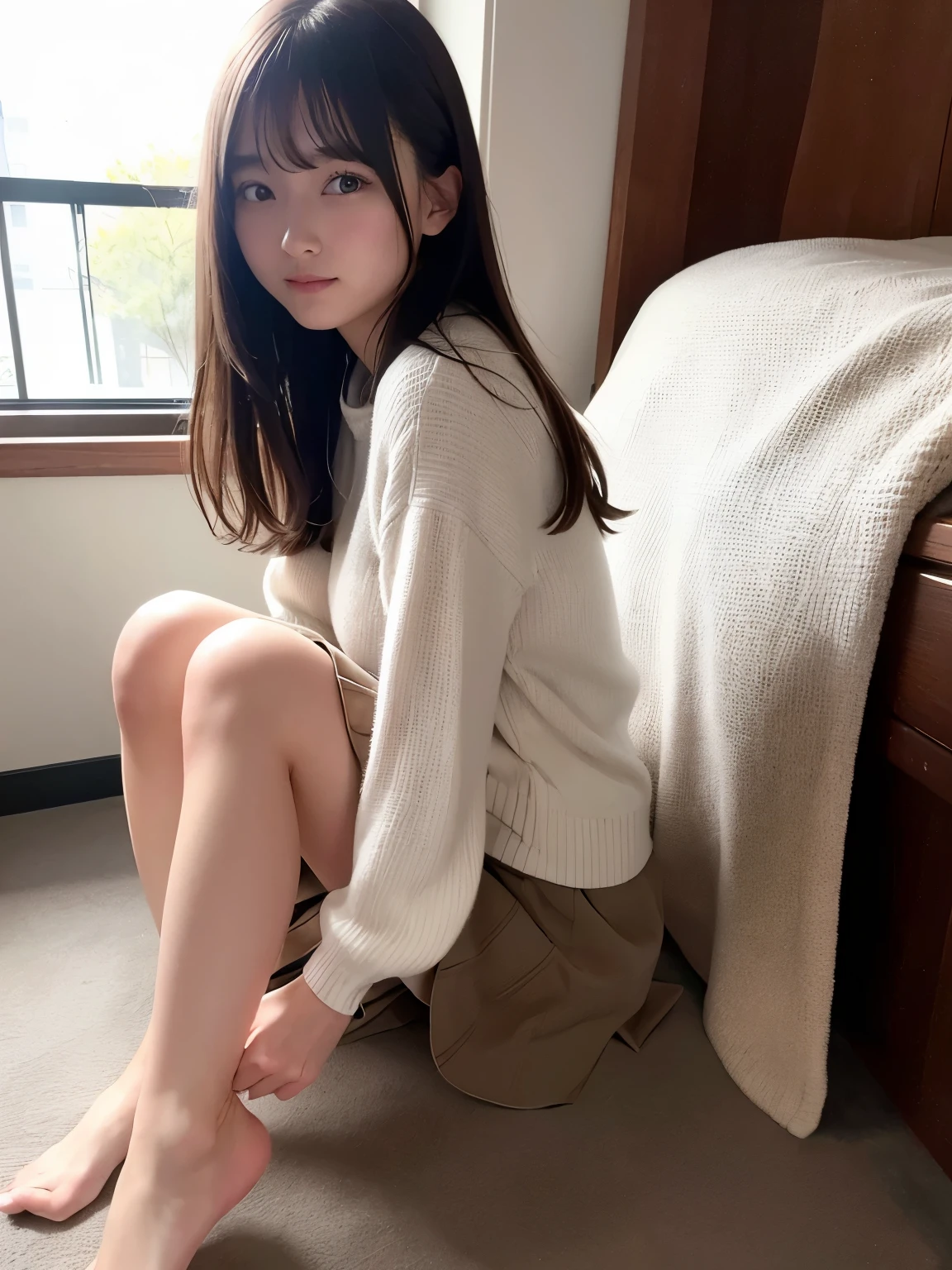 (highest quality,High resolution,super detailed,realistic:1.2) Vision, boyfriend&#39;s room、Pleasant afternoon sunlight、early autumn、Female college student、back view、full body portrait、girl sitting、sitting on the floor、my back is turned、I can&#39;t see your face、black hair medium long、rough clothes、jacket、skirt、city life、everyday scenery、white socks、long legs。