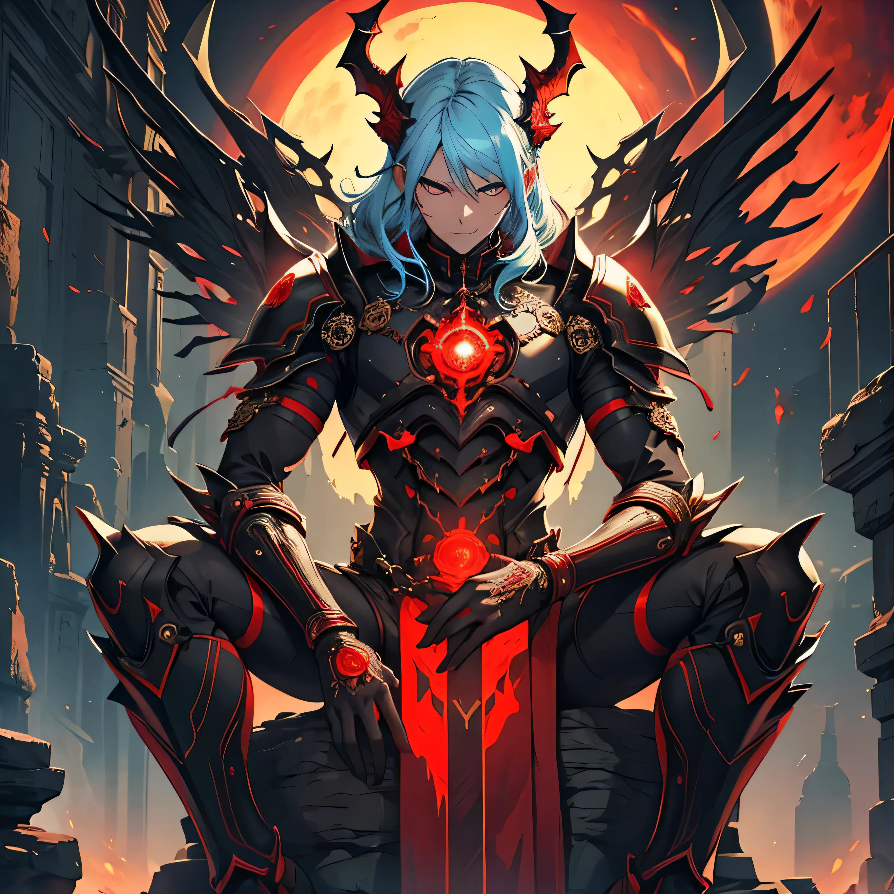 1 Male demon,skyblue hair,Noble and elegant,ultra - detailed, (s fractal art:1.4), rich colourful, detailed back ground,(Fractals in the background:1.2),Red Moon,Sit on a stone platform,black Feather,Red armor,divino,hight contrast, Ray traching, cinmatic lighting, (Start from the front:0.6)