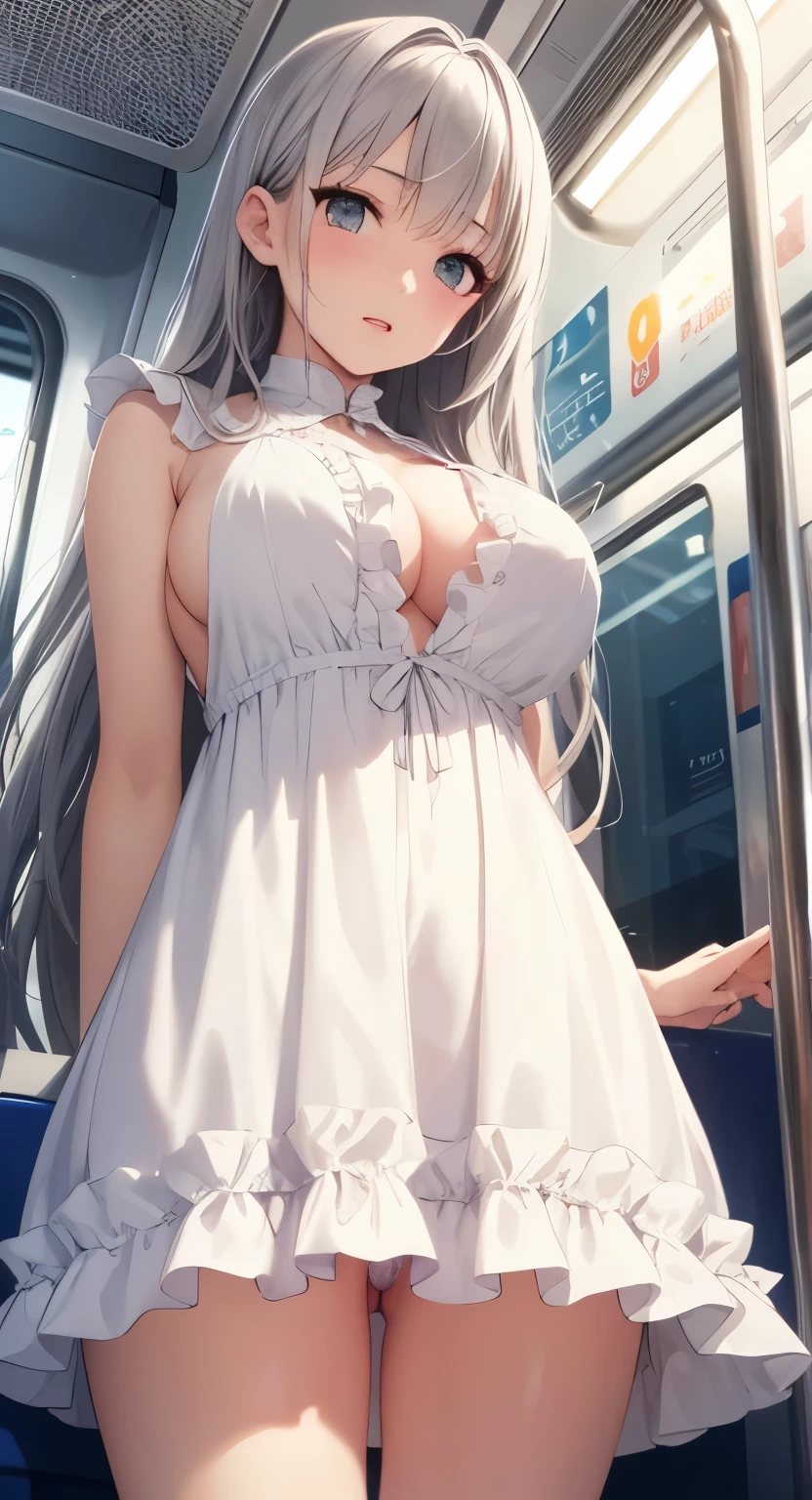 big breasts:1.5、、highest quality、very detailed、Very realistic eye masterpiece、highest quality、very detailed、gray hair、perfect face、long hair、white dress、sundress、anime、clear、thin、NSFW、from below、frills、Pussy、横from below、in the train