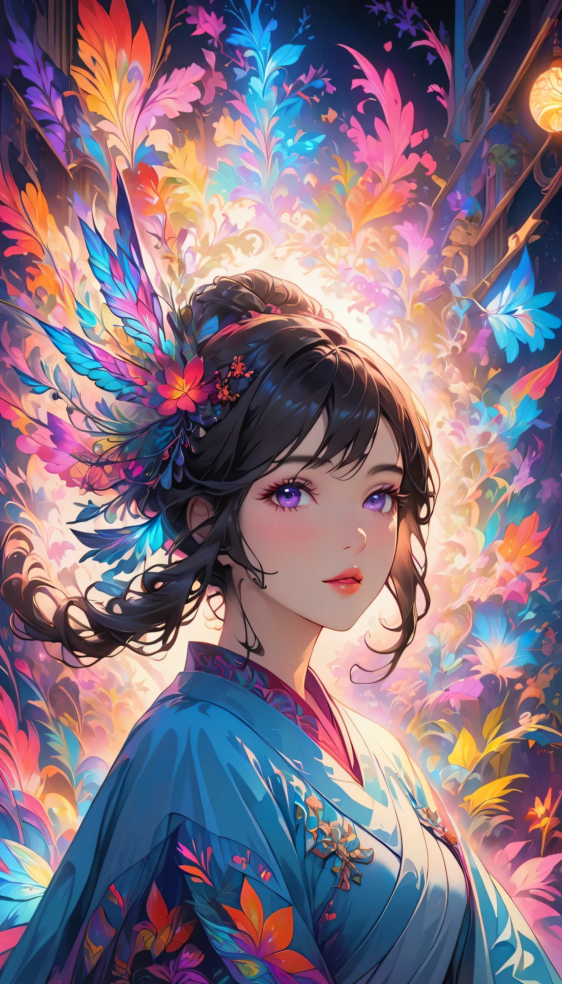 (masterpiece, top quality, best quality, official art, Beautiful and beautiful:1.2), (1 girl:1.3), Very detailed,(fractal art:1.2),colorful,most detailed,( Zentangle neon light:1.2), (dynamic poses), (Abstract background neon lights:1.5), (traditional clothing:1.2), (shiny skin), (Many colors:1.4), Upper body ,neon,16K,Full HD