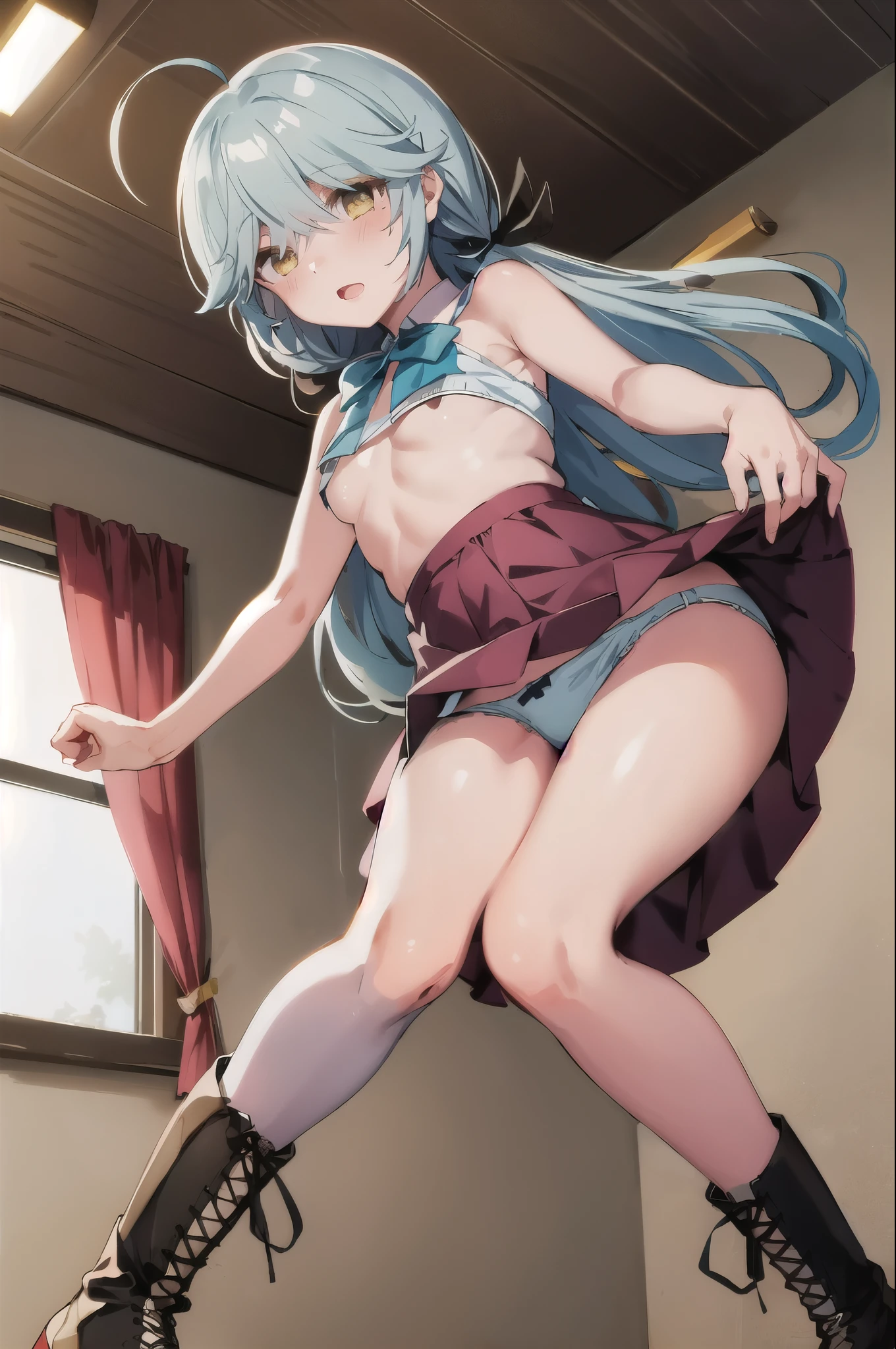 1 girl, alone, highest quality, masterpiece, High resolution,
Hama wave \(KanColle\), Ahoge,
hair above eyes, 片方のhair above eyes,
hair ribbon, single blade, hair on shoulders,
, dress, halter neck, white shirt, bow, bowtie, gray pantyhose, boots, brown footwear,1 girl, The cleavage is open, small breasts, (from below:1.2), bent down, blush, highest quality, masterpiece, perfect lighting, panties,bra,((nsfw)),skirt lift