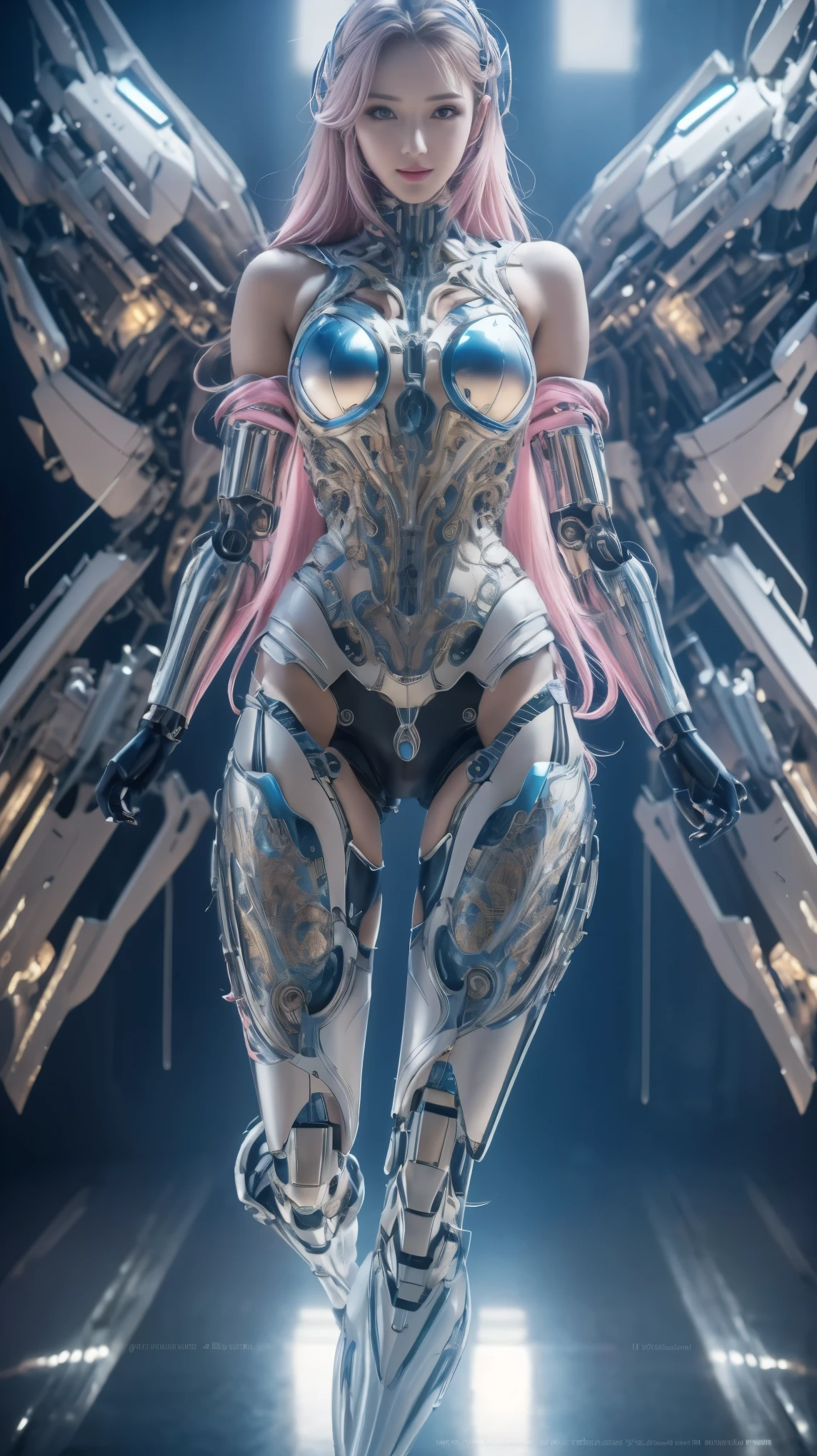 masterpiece, best quality, 1 girl, alone, perfect face, looking at the audience, skin tightening clear vinyl, long blue hair, gray eyes, pale skin, shanyaogaoda, Mecha, pink armor with white part, armor, helmet, line art, dim, low profile, sharp focus, Octane number, backlight, machinery, backlight, shining clothes, Mechanical legs, Thruster, flight, hair accessories, High heel, shining, artist name, permanent, thigh, pink eyes, teeth, look down, armored boots, cyborg, (big Mechanical background:1.2), bare shoulders, lips, machine, looking from bottom to top, role play, RAW photo, Beautifully, best quality, (intricate details:1.3), Ultra-detailed, meticulous, rich and colorful, 8K Ultra HD, film grain, (studio lighting:1.2), (Fuji XT3), (photorealistic:1.3), (Delicate skin:1.2)ultra high resolution, A park with a lake outside, best quality, photo, 4K, (photorealistic:1.4)