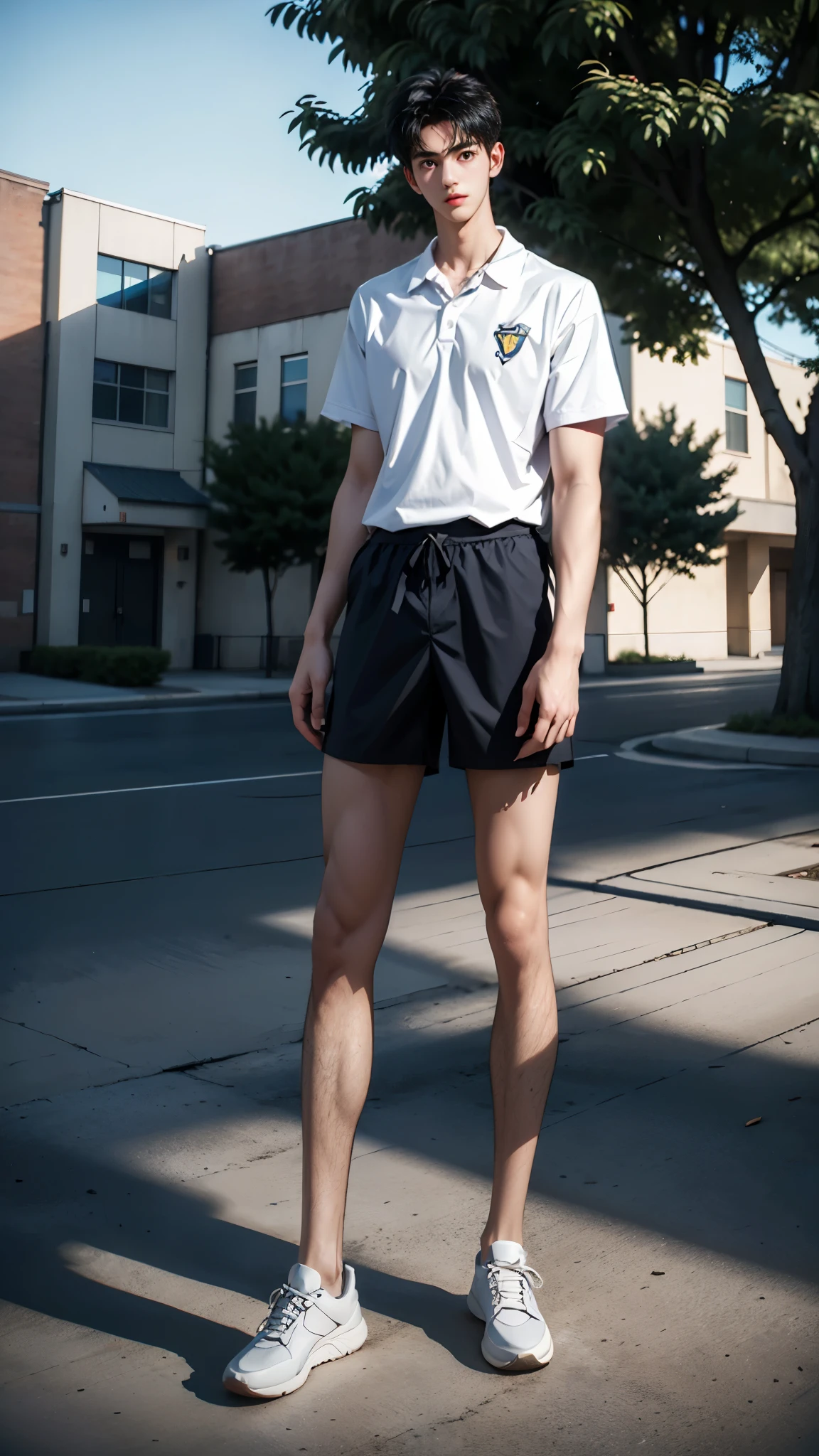 on university campus,18 year old boy,front shot,tall,super tall guy,broad shoulders,(muscular),bodybuilding,sports student,long legs,Slender limbs,2m height,boys school uniform,shorts,Casual shoes,gradient color,black hair,The face is delicate and delicate,Perfect facial features blush,happy,8k realistic style,A person stands under the tree,There is a light next to it,at midnight,on the street,masterpiece,best quality,Ray tracing