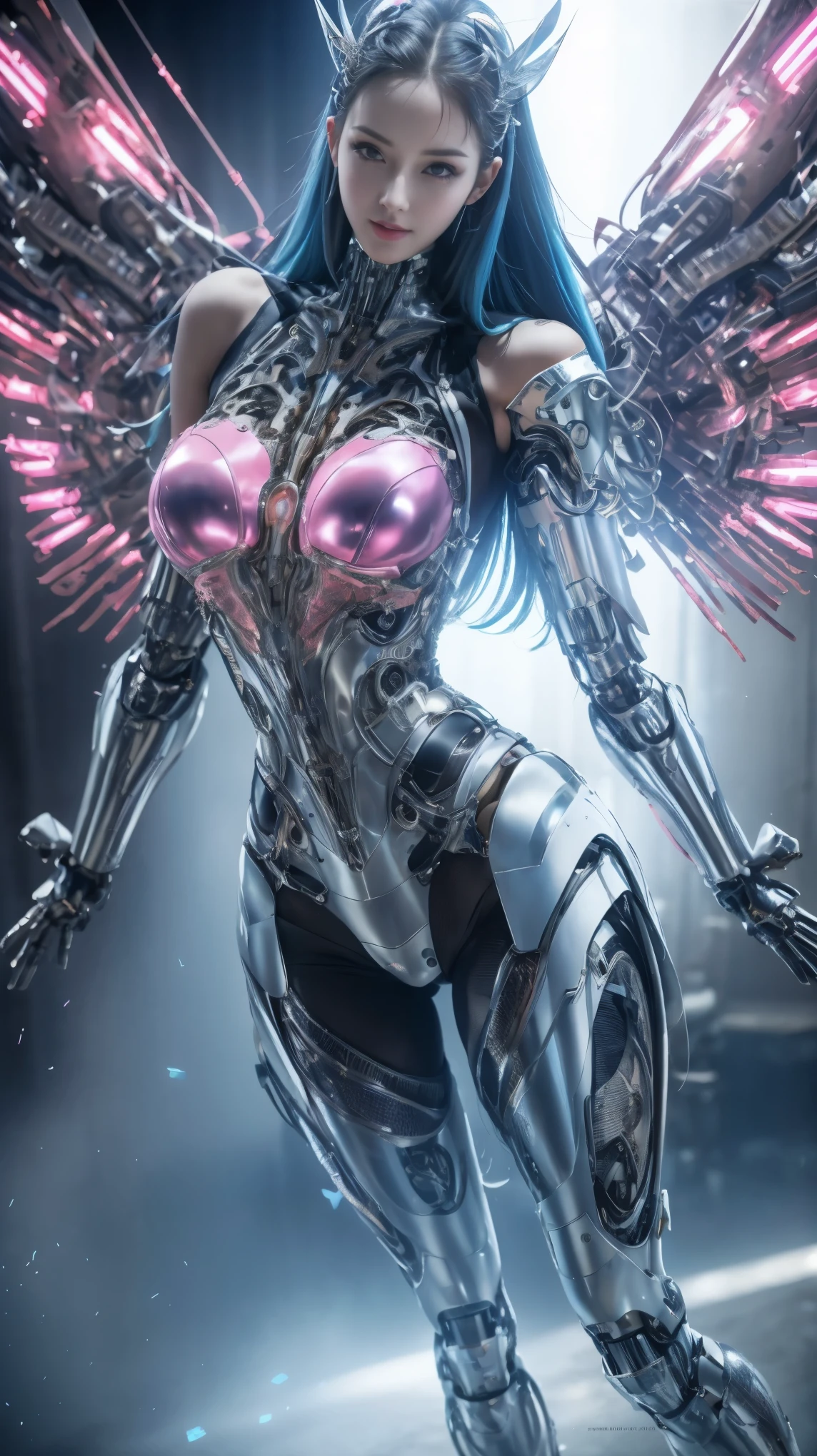 masterpiece, best quality, 1 girl, alone, perfect face, looking at the audience, skin tightening clear vinyl, long blue hair, gray eyes, pale skin, shanyaogaoda, Mecha,  pink armor with white part,  armor, helmet,  line art, dim, low profile, sharp focus, Octane number, backlight, machinery, backlight, shining clothes, Mechanical legs, Thruster, flight, hair accessories,  High heel, shining, artist name, permanent, thigh, pink eyes, teeth, look down, armored boots, cyborg, (big Mechanical background:1.2), bare shoulders, lips, machine, looking from bottom to top, role play, RAW photo, Beautifully, best quality, (intricate details:1.3), Ultra-detailed, meticulous, rich and colorful, 8K Ultra HD, film grain, (studio lighting:1.2), (Fuji XT3), (photorealistic:1.3), (Delicate skin:1.2)ultra high resolution, A park with a lake outside, best quality, photo, 4K, (photorealistic:1.4)