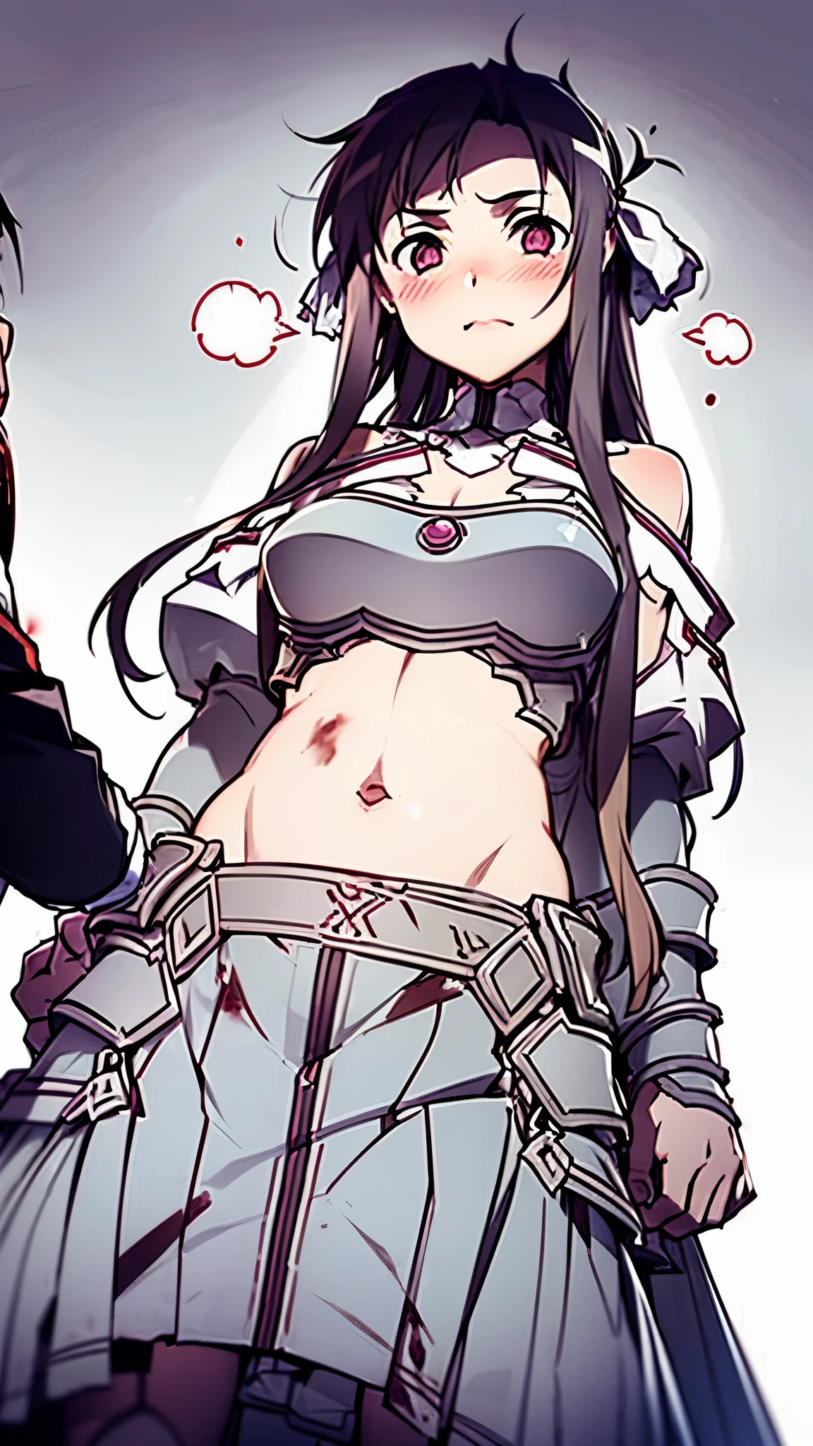 girl defeats man, girl kills man, girl is bullying a man, girl is separated by blood from man, girls has big breasts, giri is curvy, girl has sword with blood, girl is blushing, girl exposes belly, shot from below