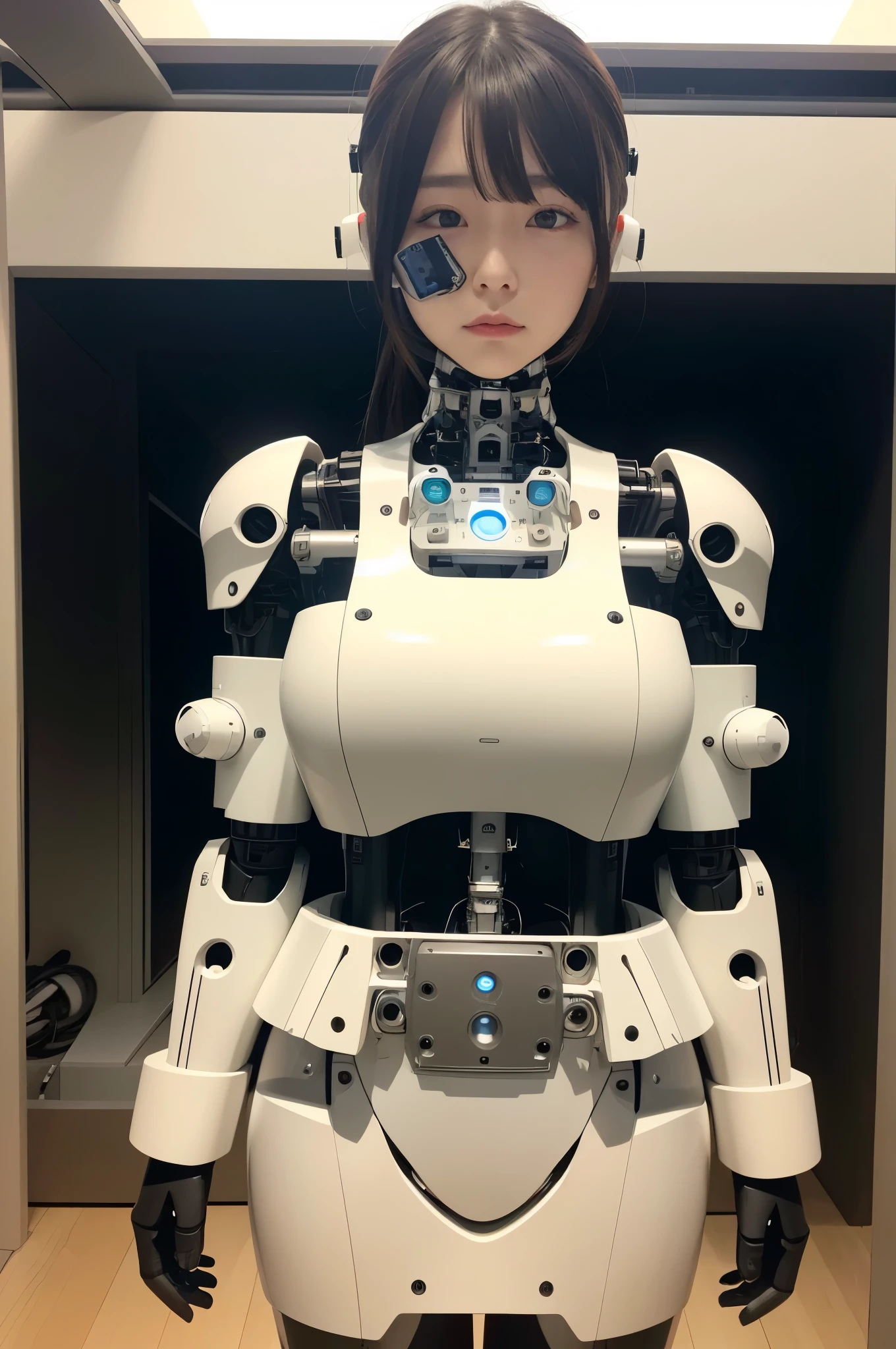 masterpiece, best quality, extremely detailed, Japaese android girl,Plump , control panels,android,Droid,Mechanical Hand, Robot arms and legs,Blunt bangs,perfect robot girl,long tube,thick cable connected her neck,android,robot,humanoid,cyborg,japanese cyborg girl ,future laboratory,robot laboratory,maintenance,connecting a cable between the legs,skirt, She is charging now,（sleep mode:1.5）（closing eyes:1.5）