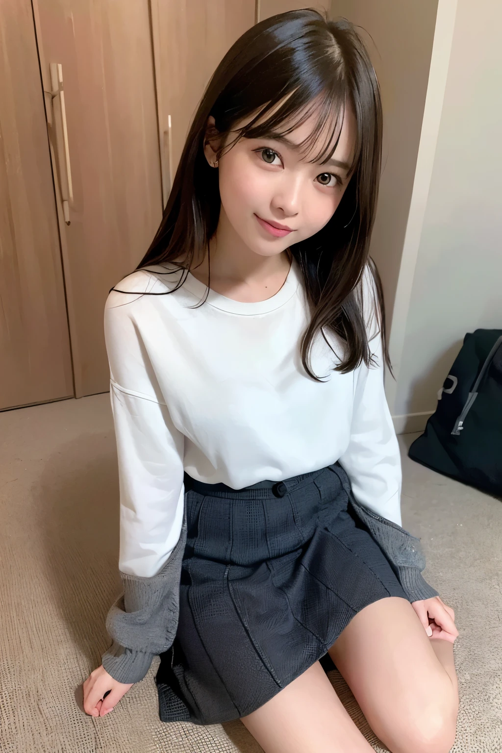 (highest quality,High resolution,super detailed,realistic:1.2) Vision, boyfriend&#39;s room、Pleasant afternoon sunlight、Female college student、back view、full body portrait、girl sitting、sitting on the floor、my back is turned、smile、black hair medium long、rough clothes、jacket、skirt、city life、everyday scenery、white socks、long legs。