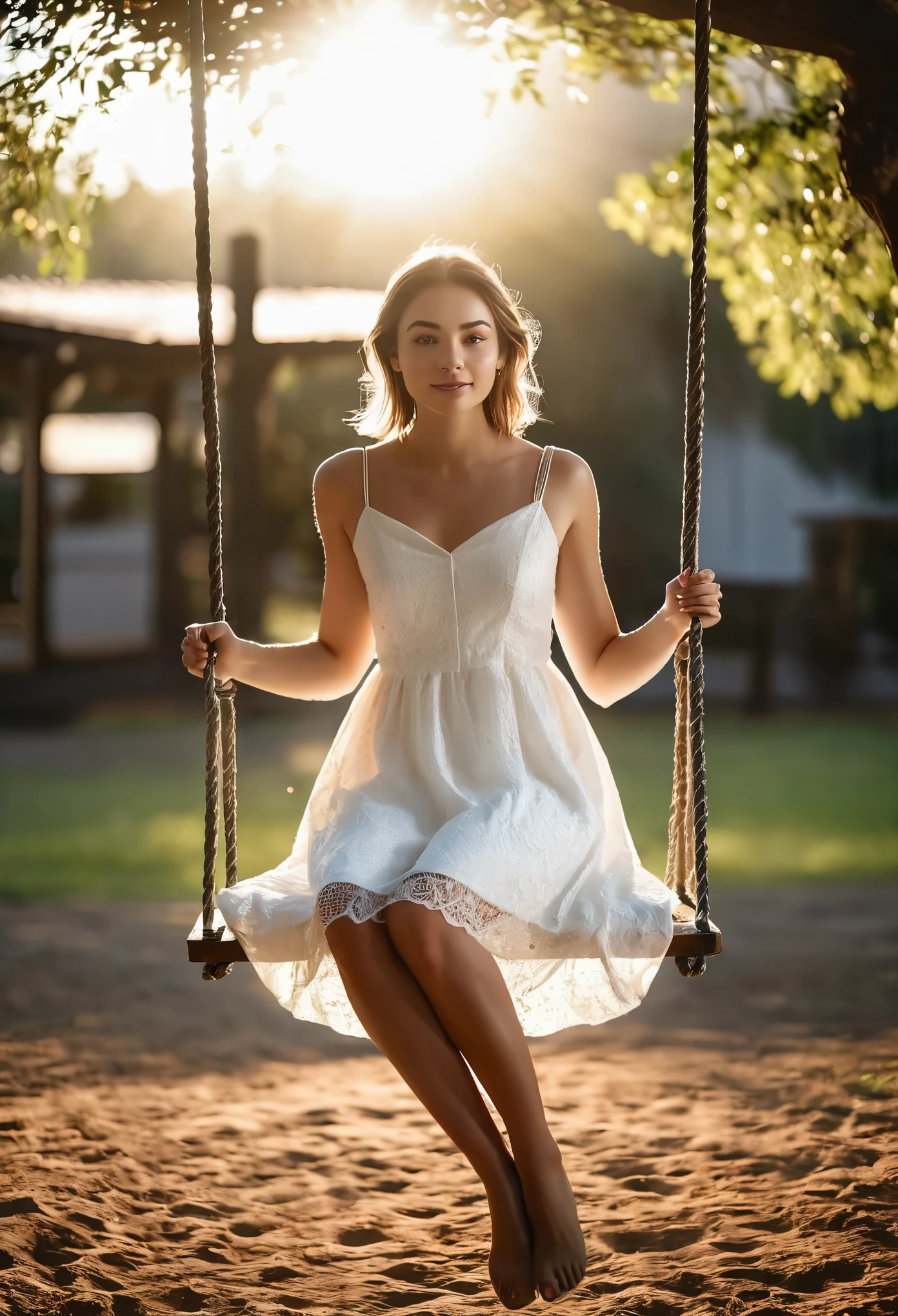 a photo of a young beauty woman in a white dress, full body shot, sitting on a swing, background and foreground blurred, focus on the person, evening sunlight coming from the right angle, light and shadows hitting the body realistically