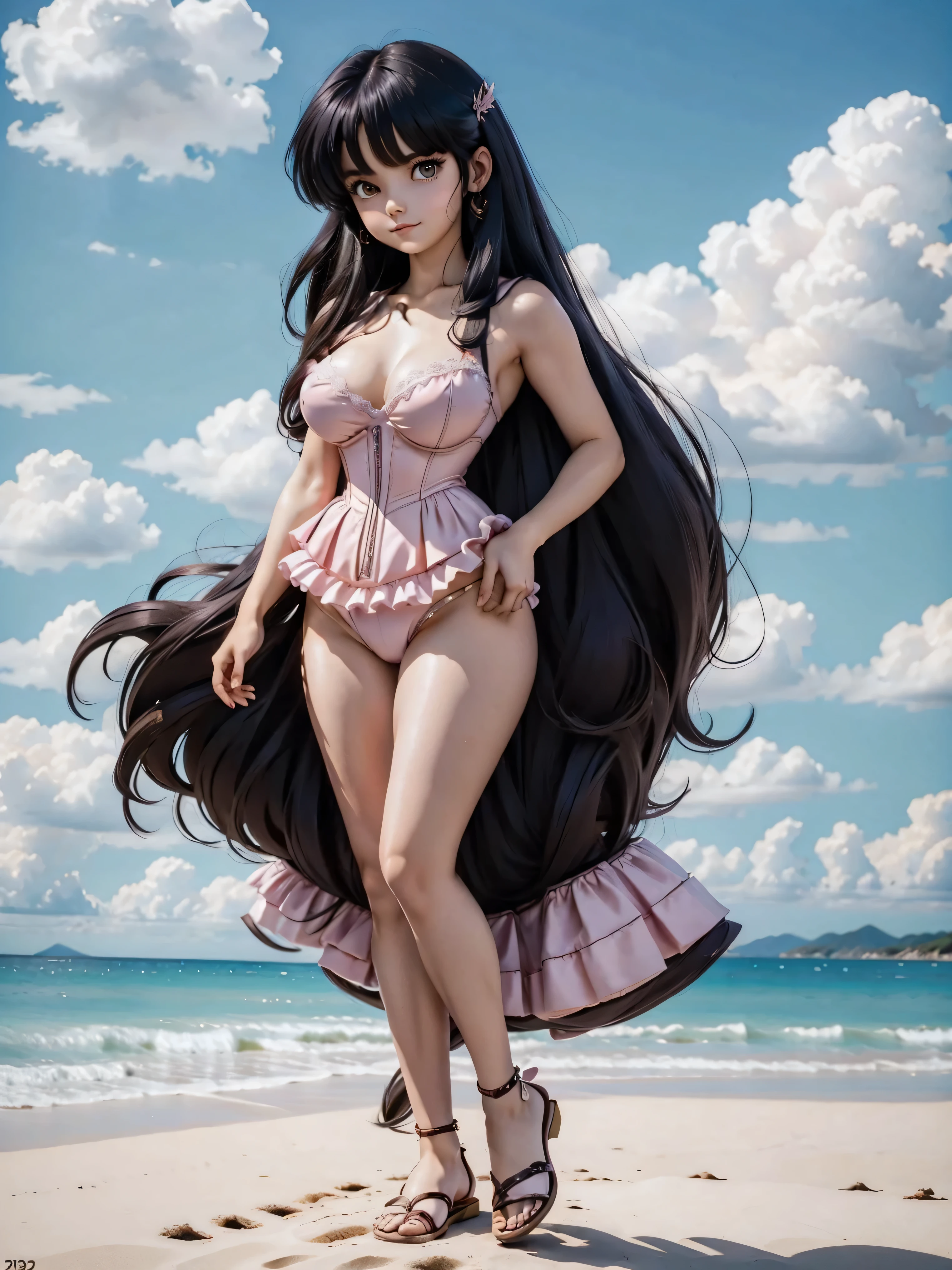 Dark-haired anime girl in pink swimsuit and corset, 16 anos, corpo bonito, seios grandes, com hand in panties , hand in hair, Garota sensual, purple cabelo, mechas de cabelo laterais, mechas de cabelo na lateral do rosto, beautiful lighting, sombras suaves, olhos azuis, pernas bonitas, cabelo curto, estilo anime, personagem Akane Tendo, Autora Rumiko Takahashi, Baseado em obra de Rumiko Takahashi, Anime Ranma 1/ 2, decote sensual, quadril robusto, corpo inteiro, corpo inteiro, busto grande, garota jovem com corpo belo e bonito, sandals on his feet, garota 16 anos jovem, usando maiô e corset pink, garota anime, estilo anime, beautiful feet in sandals, 45° viewing angle, ao ar livre, peito grande, seios bonitos, cabelo preto, sandals on the feet, pernas bonitas, sensual, belas pernas, Sandalias, seios grandes, corpo completo, corpo inteiro, feet with sandals, anime realista, saia, sarja roxa, personagem realista sensual, postura reta, ao ar livre, calcinha pink, hand in panties, hand in panties, seios grandes, sorrindo
