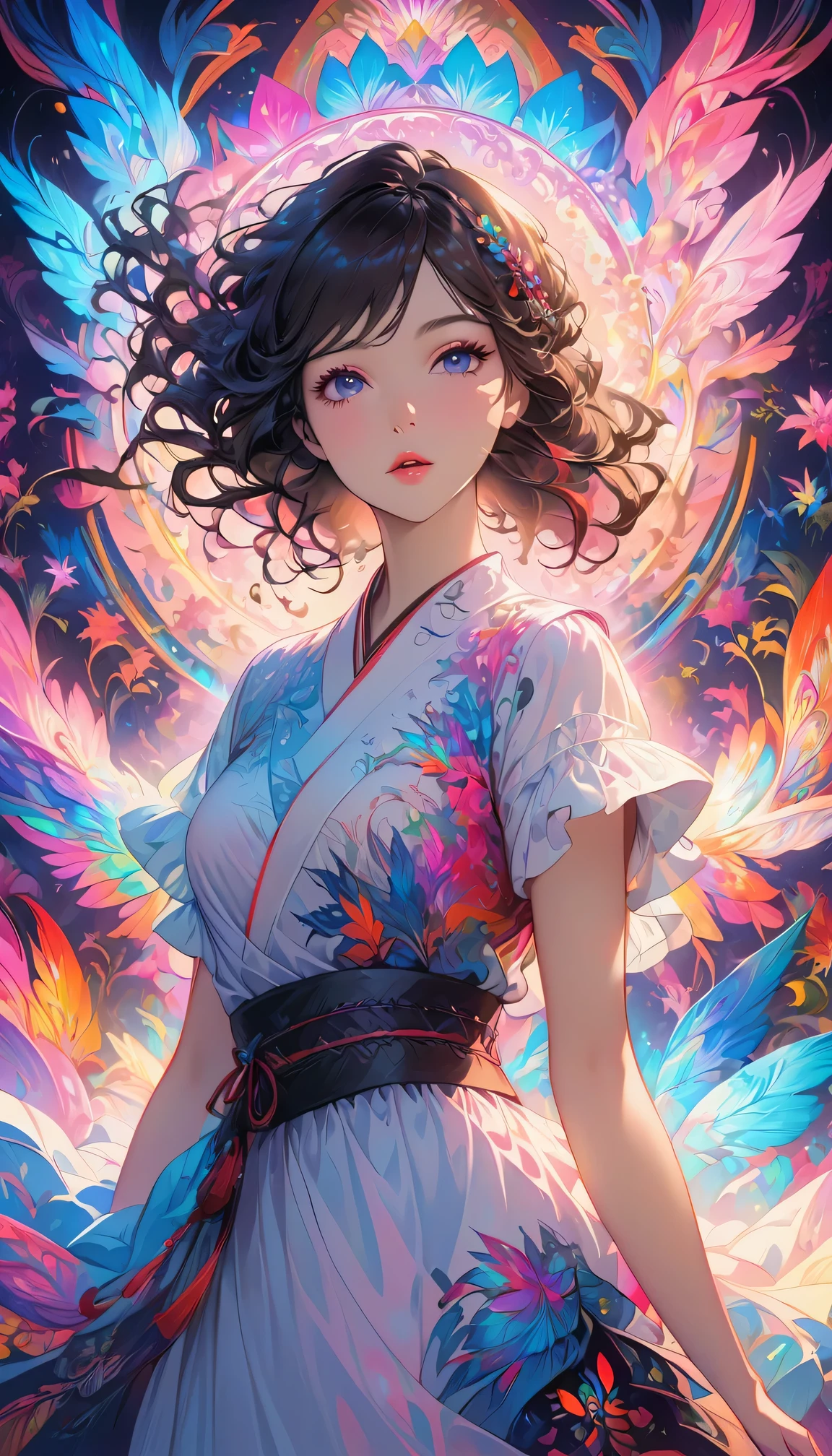 (masterpiece, top quality, best quality, official art, Beautiful and beautiful:1.2), (1 girl:1.3), Very detailed,(fractal art:1.2),colorful,most detailed,( Zentangle neon light:1.2), (dynamic poses), (Abstract background neon lights:1.5), (traditional clothing:1.2), (shiny skin), (Many colors:1.4), Upper body ,neon,16K,Full HD
