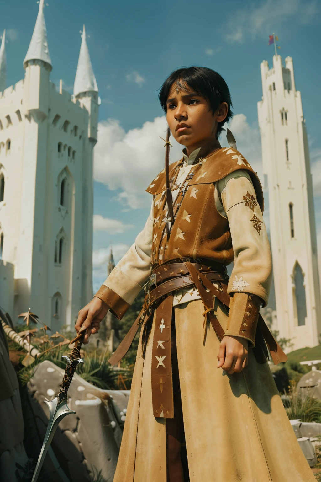 Fairytale Kingdom of Fantasia. Outside the ((((white ivory tower)))), ((((10-year-old)) Atreyu)), olive green skin, tall, athletic, brave, wise, ((grief expression)), wielding a sword defiantly. ((((suede and leather indigenous clothings)))), ((blueish-black hairstyle)).
