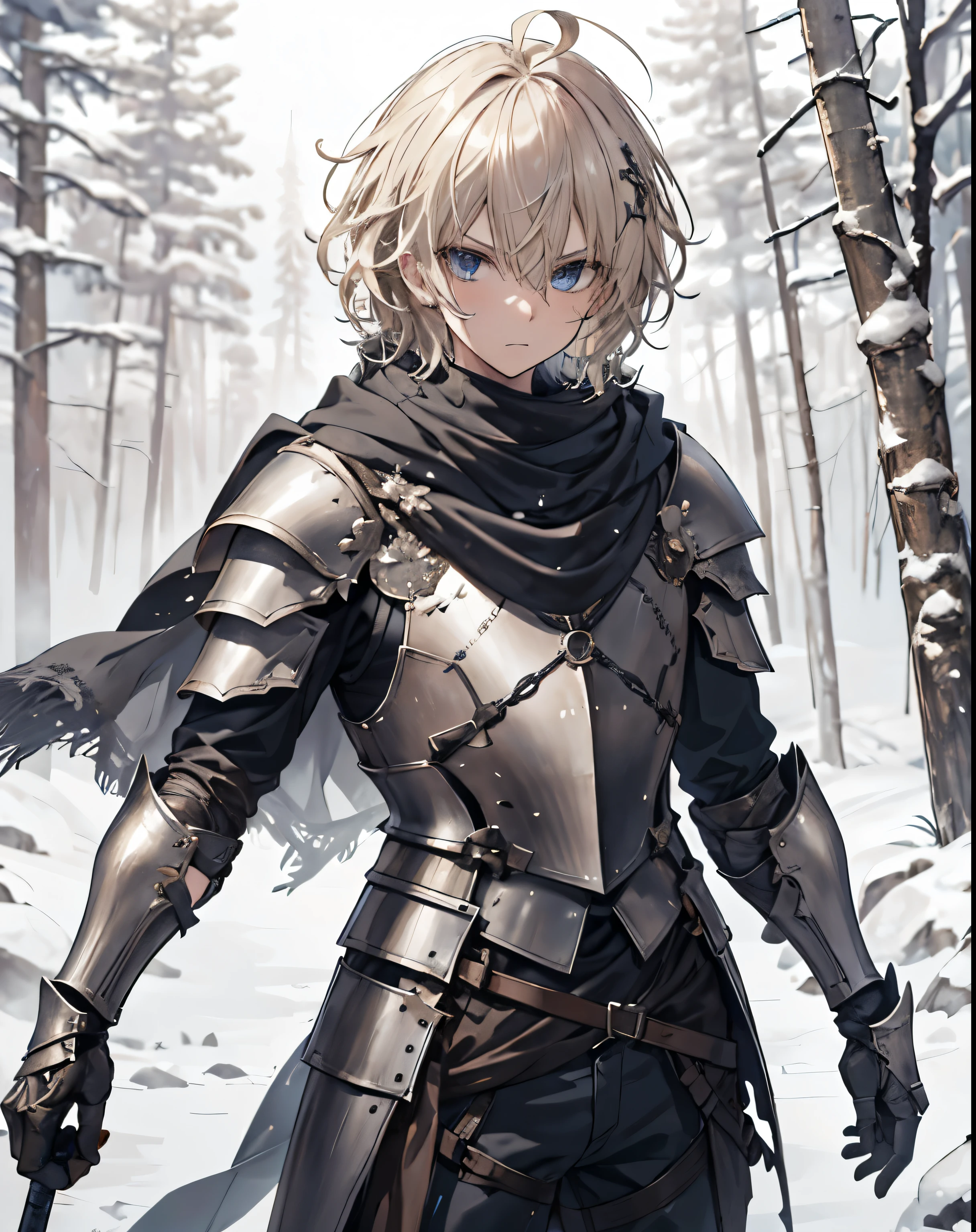 masterpiece, 1men, sparrow, a blonde haired men, wearing a black medieval armored knight, curly short hair, messy hair, slim body, wearing knight clothes, he close her left eye, shirt ornament, angry expression, blue eyes, stand at snowy forest, ahoge, grey vest, baby face, shawl, full armor, bring big shield in his back, beautiful eyes