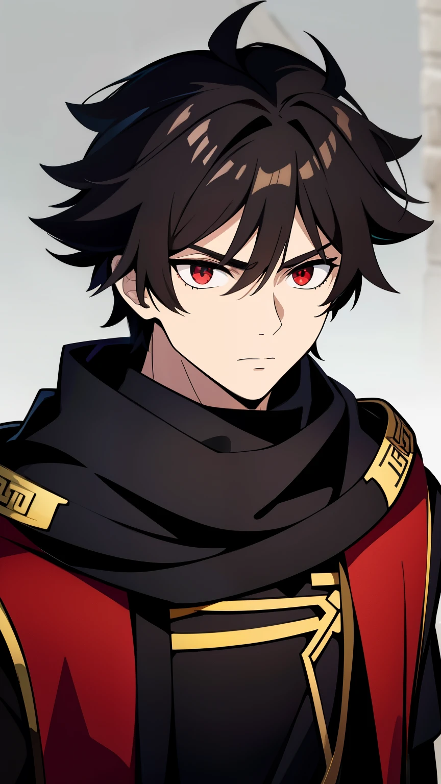 (high-quality, breathtaking),(expressive eyes, perfect face) 1boy, male, solo, age 18, teenager age, masculine face, black color hair, red eye color, spiky fluffy hair, short hair length, messy loose hair, modern clothing, red and black tunic, black scarf, decals on clothing, Symmetrical Eyes, portrait, bustshot, serious expression, greek styled clothing, ancient greek clothing, greek myth inspired
