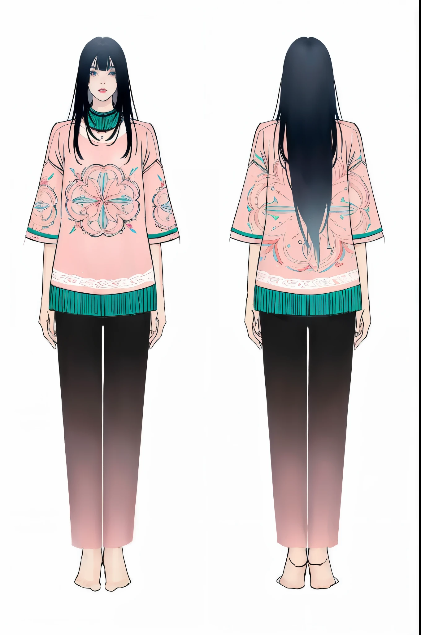 Two people wearing different clothes、Close-up of a woman with long hair, Costume design, Detailed fashion illustration, Ladies, Full body details, Fashion Design, Inspired by Nagasawa Rose, Inspired by Rokkaku Ayako, detailed whole body concept, whole body concept, clothing concept, Symmetrical full body rendering, Stylized digital illustration, clear Costume design