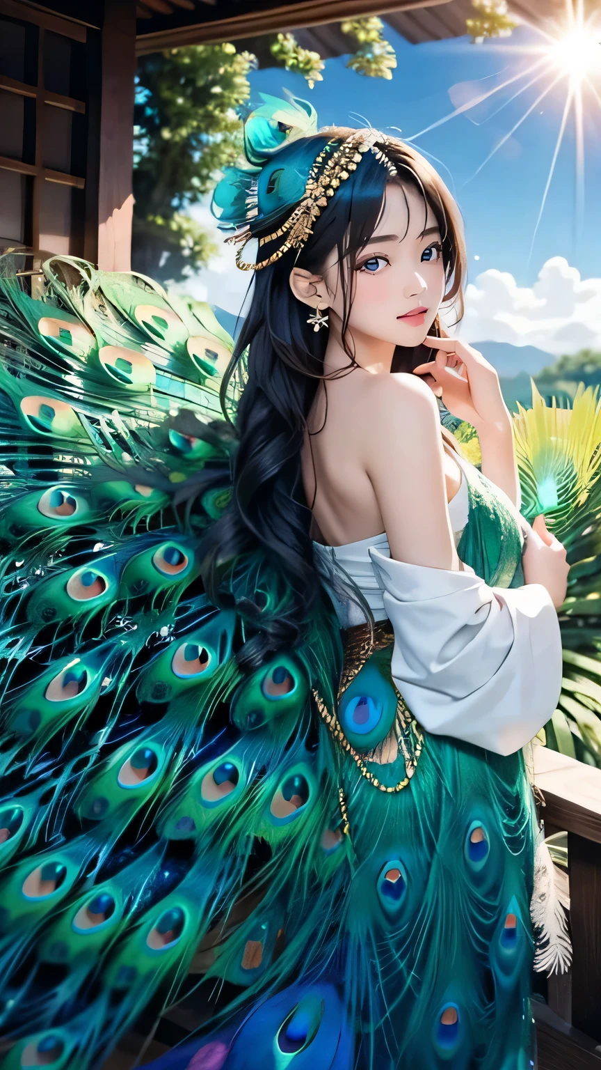 (((masterpiece))),((highest quality)),one beautiful japanese girl,pale, (A fusion character of humans and peacocks: 1.5), ((flashy)), (covered in feathers: 1.5), (colorful clothes), (expose one's skin), (spread the tail feathers)、hair is a feather、(Light of the sun:1.5)