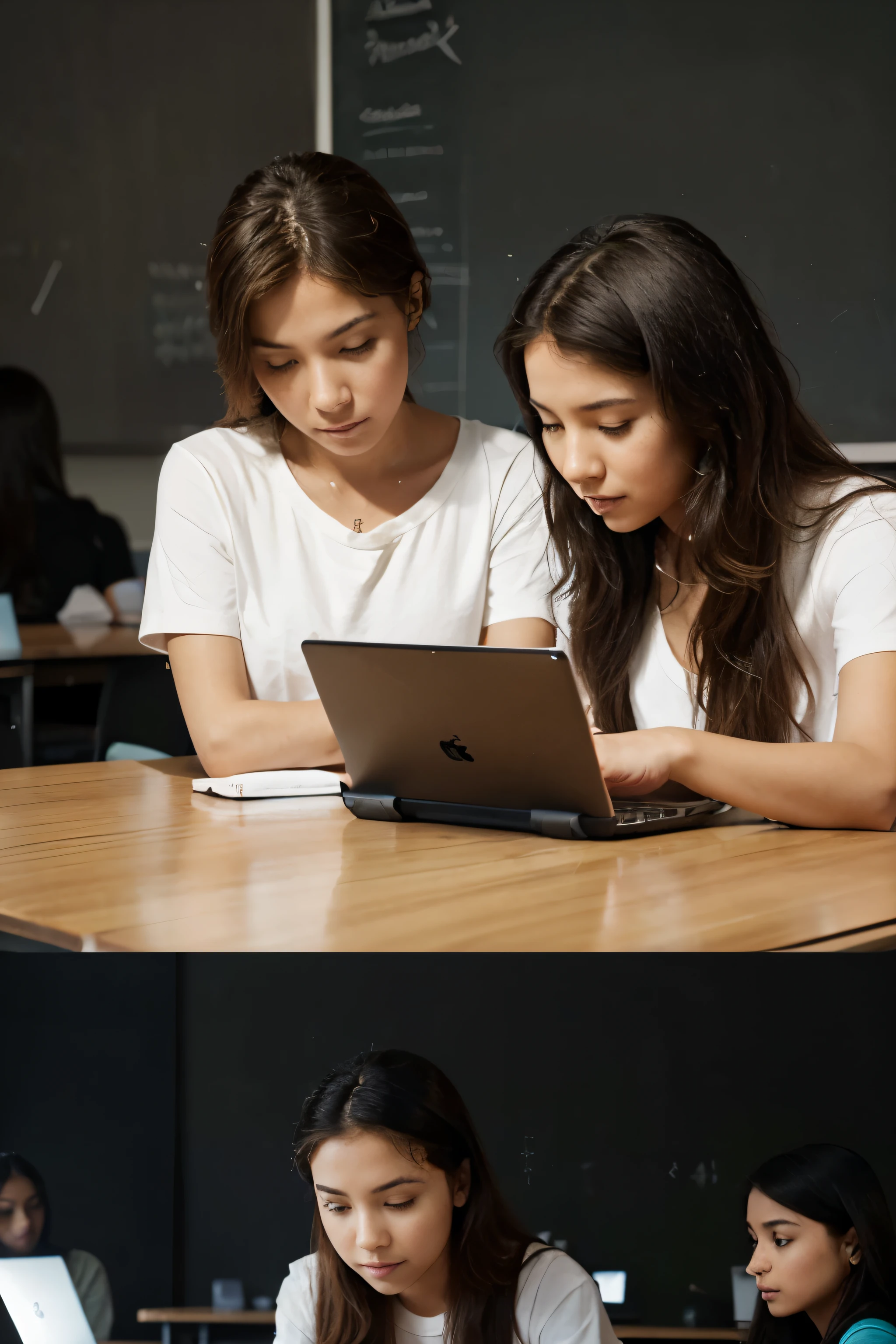 A diverse group of students (different ages and backgrounds) collaborating on a project using laptops or tablets in a modern, well-lit classroom setting. Subtle code snippets or digital elements can be integrated seamlessly into the background to represent the web development aspect.Consider including a teacher in the background, providing guidance and support.Use a clean and modern background with a gradient or color scheme that reflects your brand identity.Maintain a clean and sophisticated look that inspires trust and reflects the cutting-edge nature of web development.Use a color palette that is visually appealing and reflects the energy and excitement of learning.