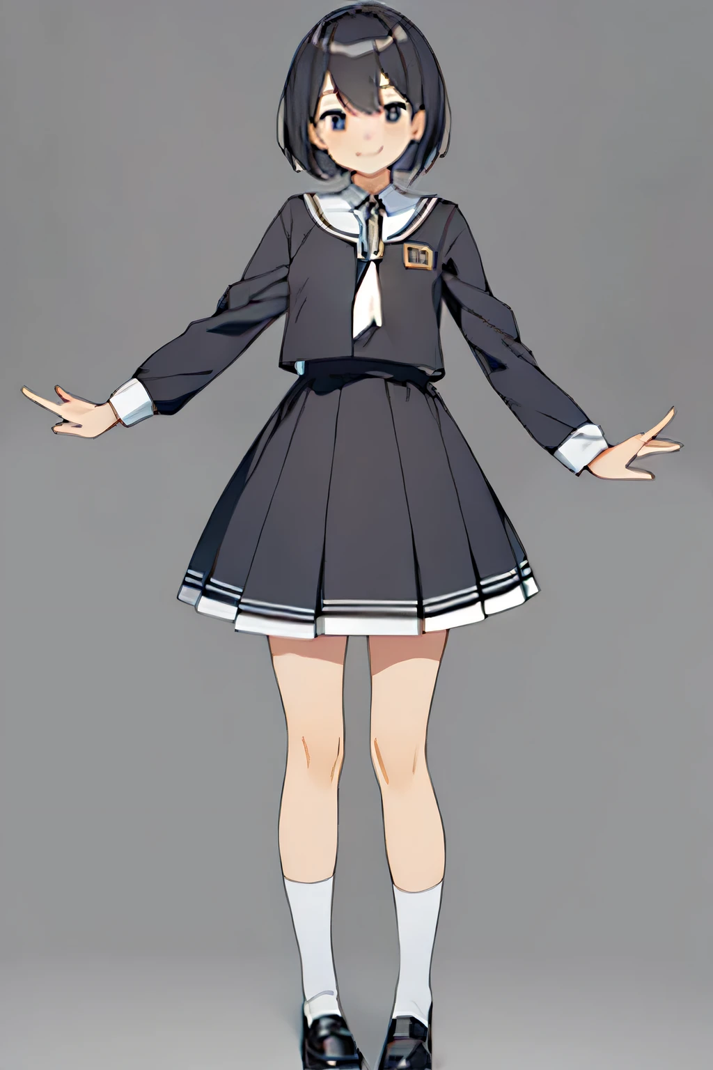 masterpiece,high quality,alone,smile,(change:1.2),1 female,spread both hands,full body,short hair,uniform,skirt,black hair,beautiful girl ,perfect hands,looking at the viewer,white socks,no background,white background