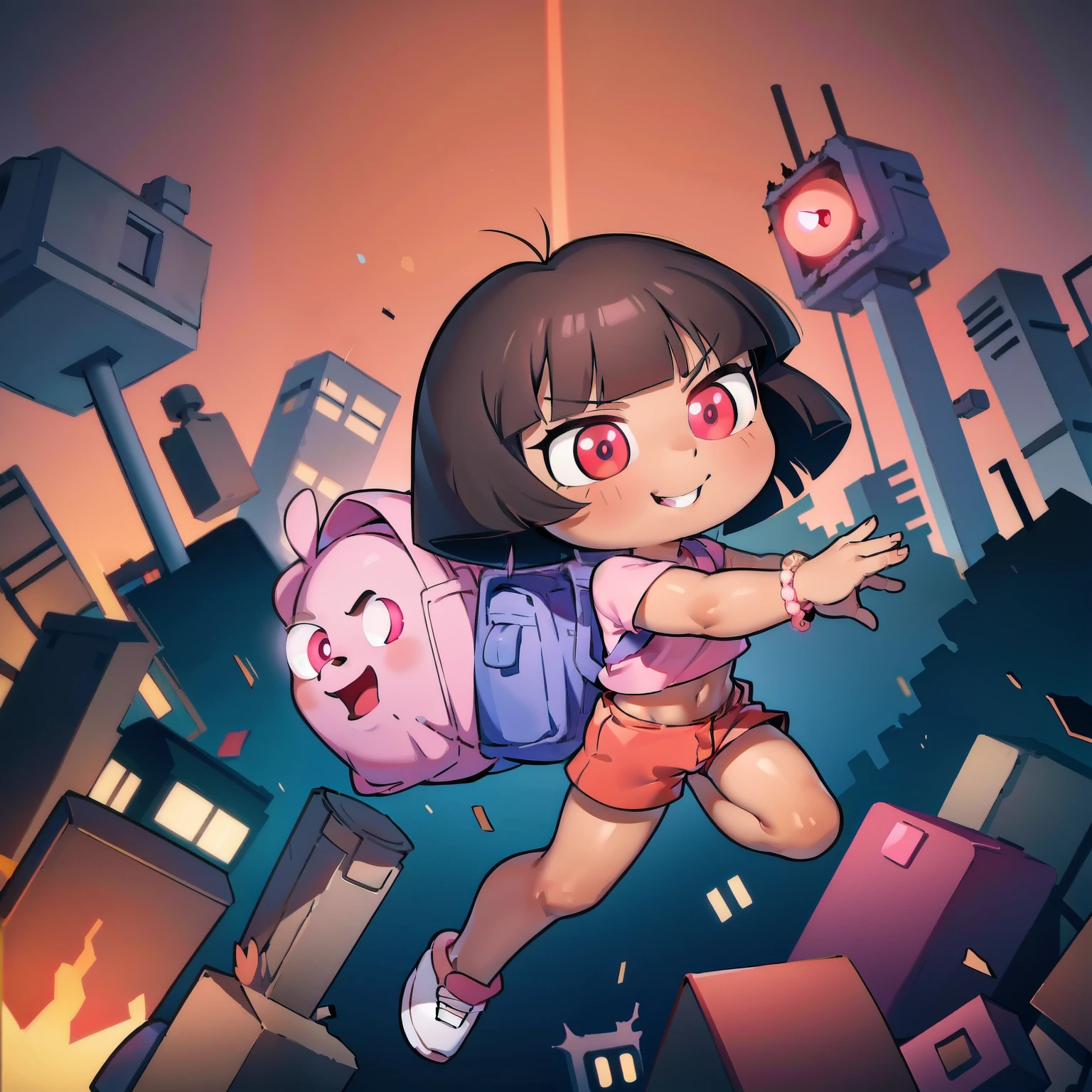 ((masterpiece, best quality)), full body, solo, Dora, bracelet, dark skin, red glowing eyes, pink top, shorts, backpack, smirking, floating, destroyed city