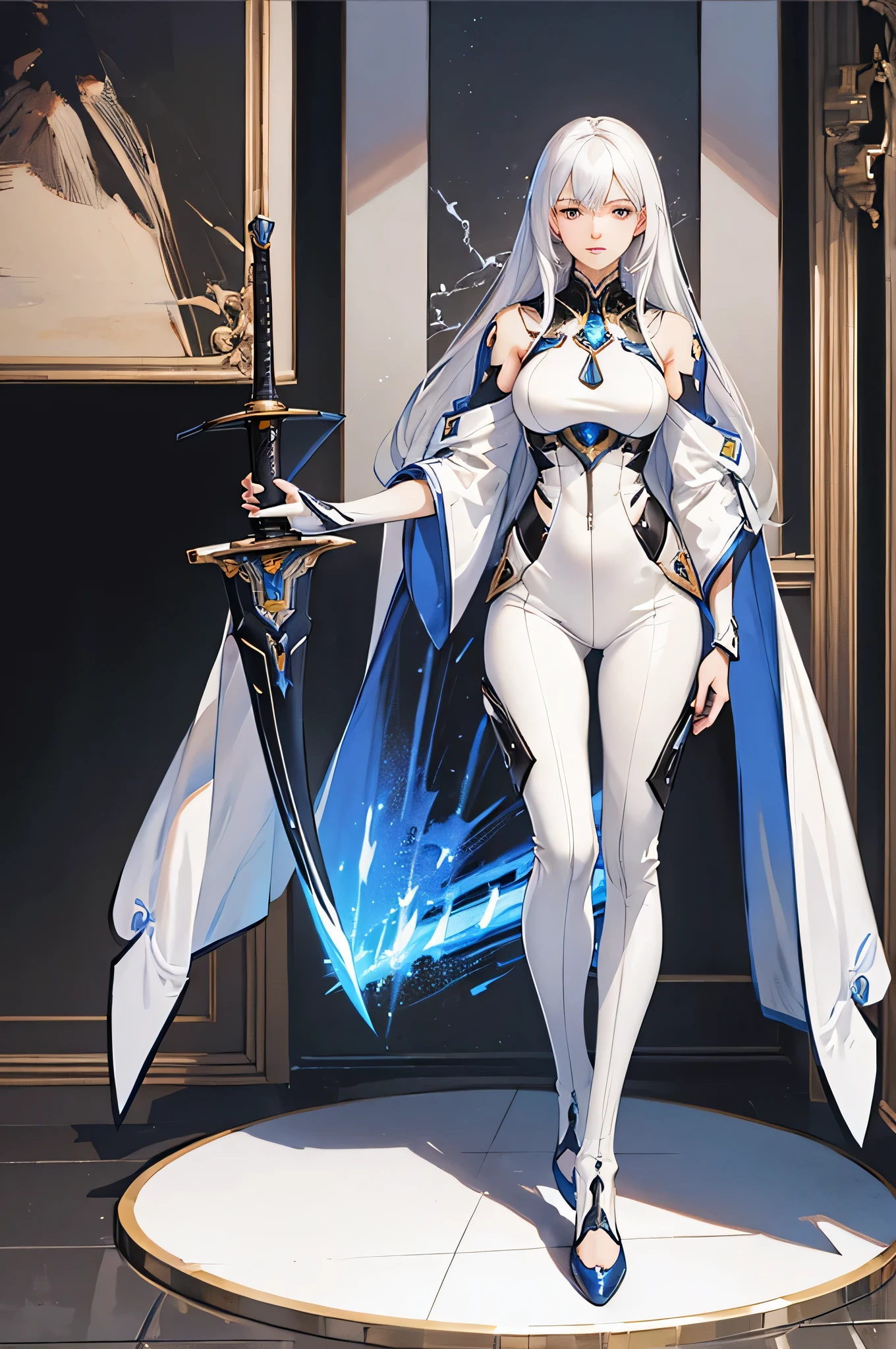 (best quality,High resolution),Mecha man with white hair and long bangs,full body portrait,Very rich facial details,Beautiful and detailed eyes and lips,A technological sword with thunder properties,Shiny metallic finish,glare,science fiction background