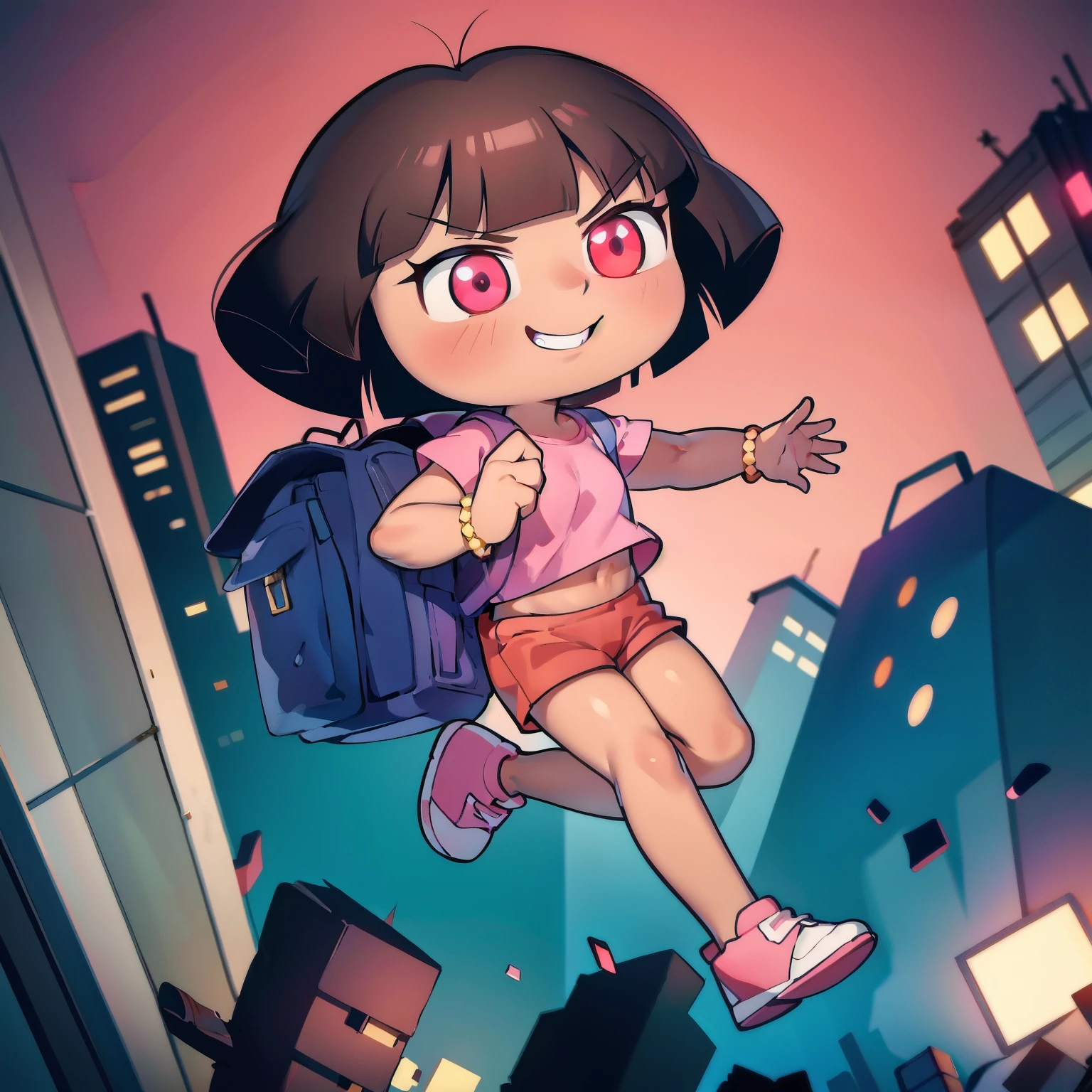 ((masterpiece, best quality)), full body, solo, Dora, bracelet, dark skin, red glowing eyes, pink top, shorts, backpack, smirking, floating, destroyed city