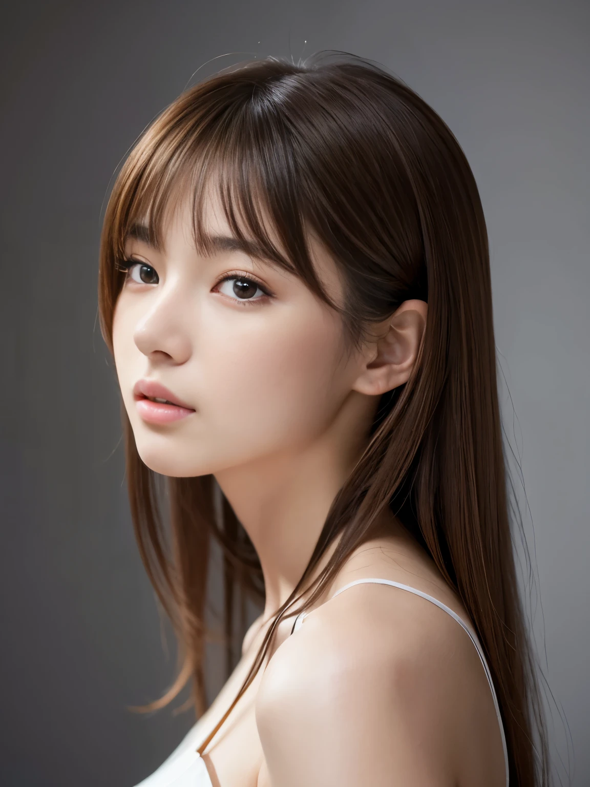 8K resolution, masterpiece, ultra high res, extremely detailed, photorealistic, an extremely delicate and beautiful, detailed skin, beautiful realistic face, detailed face, One Girl, 19 years old, Attractive Japan Woman Pictures, best light, modelshoot style, dramatic angle, light brown hair, asymmetrical hair, asymmetrical bangs, messy hair, elegant pose,