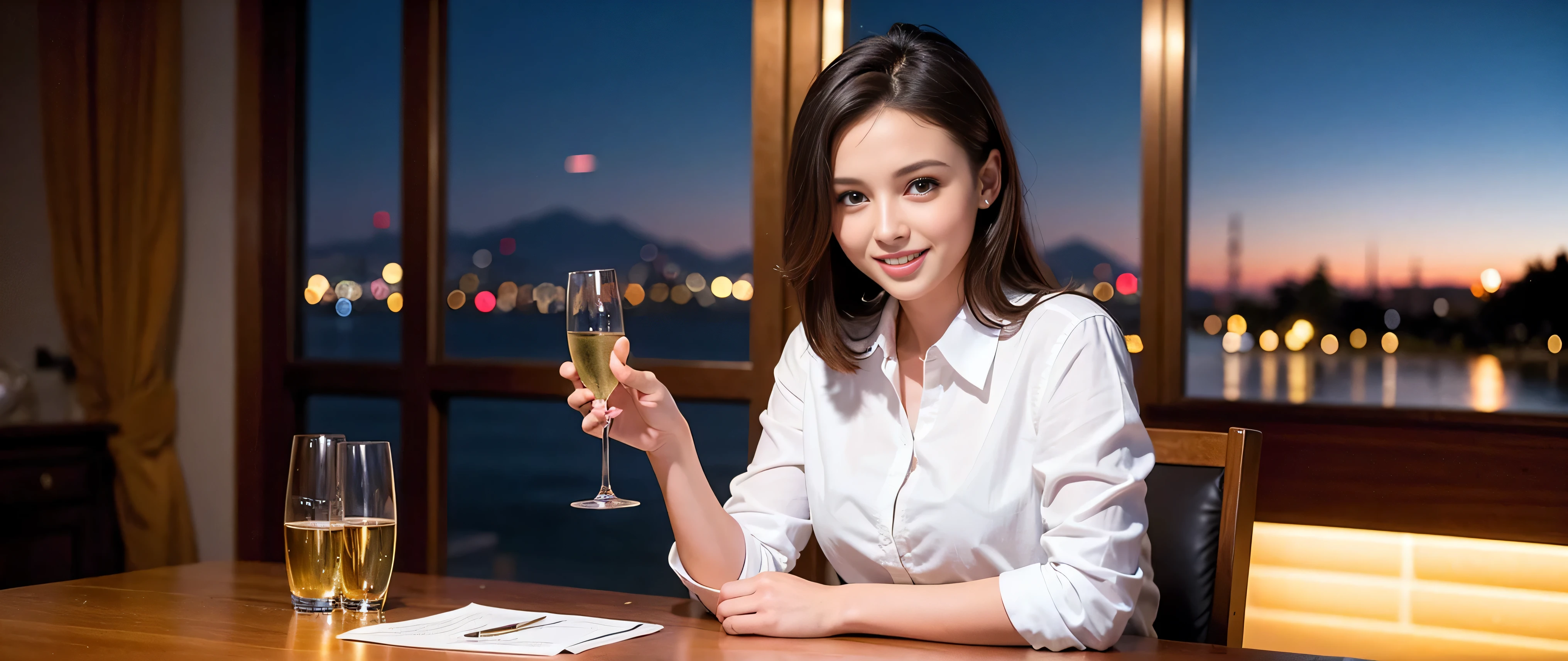 K, Hmm, highest quality, masterpiece: 1.2), (realistic, photorealistic: 1.37), Super detailed, 3 slim beauties, (slim face),Happy、 the best smile、Fox face、Berry Short、(because I'thin), (brown hair), (shortcut), long sleeve shirt、winter fashion、Colombian、Brazilian、Japanese、Dutch、German、Portuguese、Belgian、Italian、French,Champagne、sparkling wine、 (squirt), (slim body), (brown hair), (shortcut), neat beauty、cheeks turn a little red, (35 years old), 38 years old, alone, A beautiful and detailed night view spreads out outside the window....., restaurant, wine glass is sitting, At night, in a prominent place (from the Upper body) nova frog style, actress, model, Upper body, White wine, slim, wine glass, Very beautiful night view, wine glass Put in the Middle, Happy smile, (smile: 1.15),