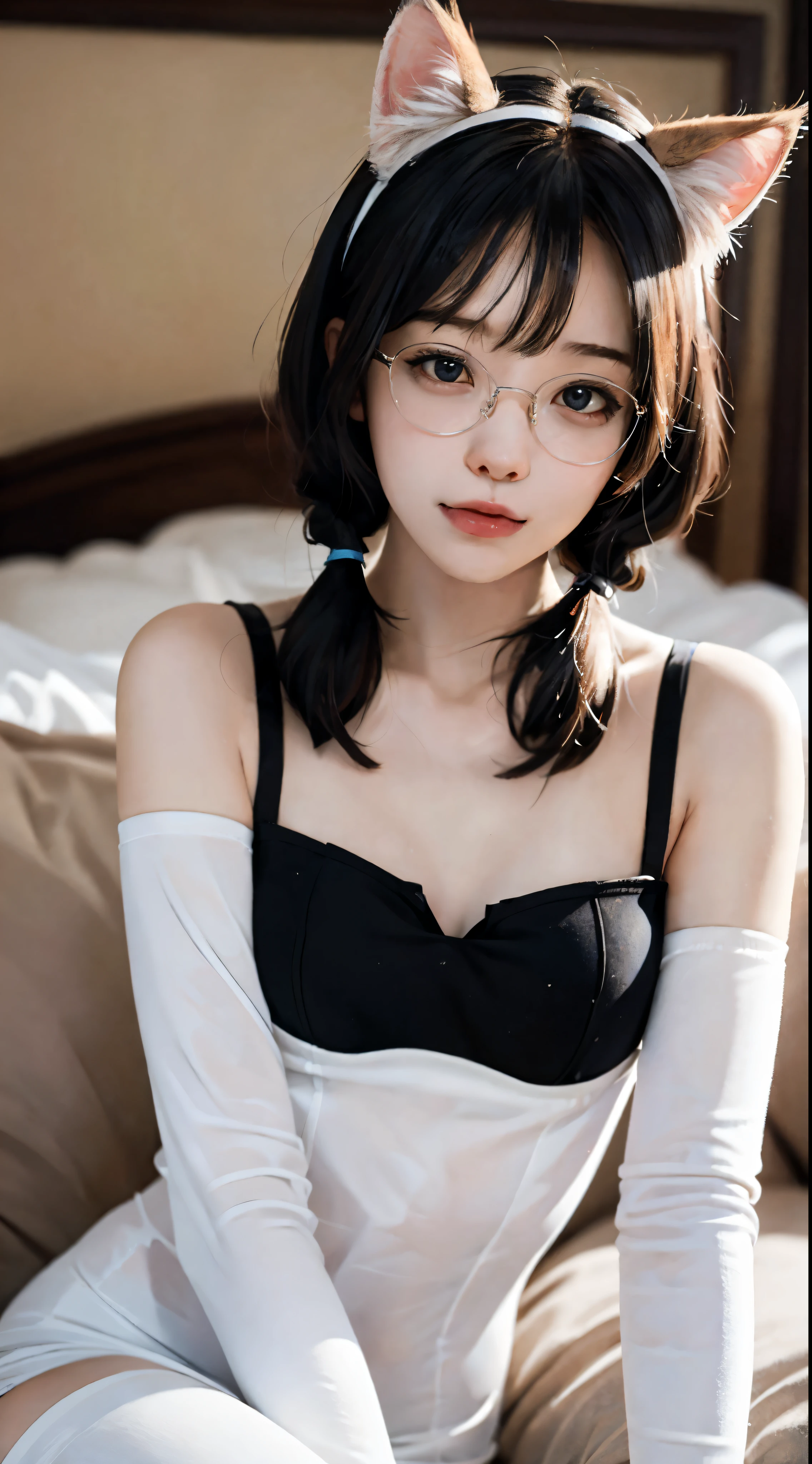 komoshuai, full body, semi naked, lying in a castle bed, looking at the viewer, with glasses, small bust, Skinny body, tender,