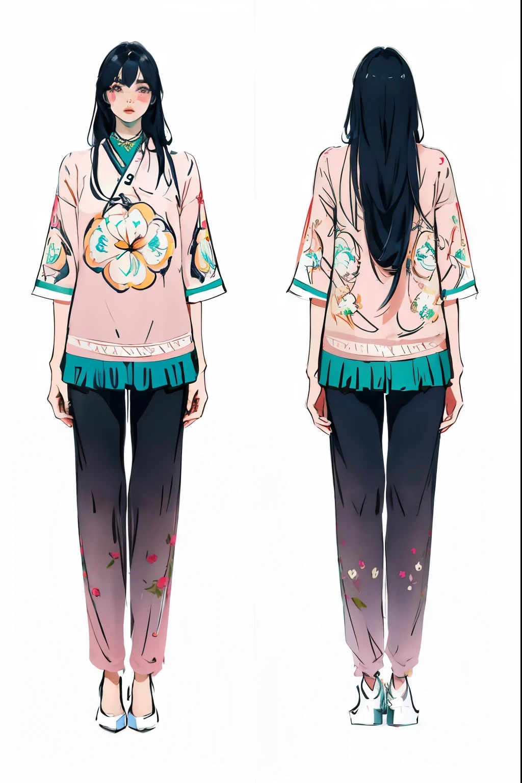 Two people wearing different clothes、Close-up of a woman with long hair, Costume design, Detailed fashion illustration, Ladies, Full body details, Fashion Design, Inspired by Nagasawa Rose, Inspired by Rokkaku Ayako, detailed whole body concept, whole body concept, clothing concept, Symmetrical full body rendering, Stylized digital illustration, clear Costume design