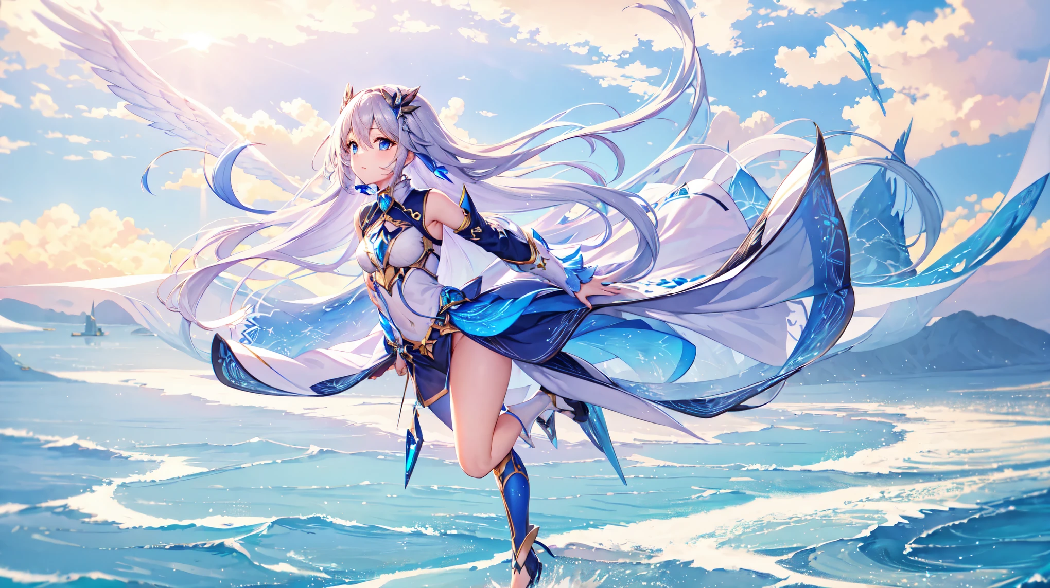 azure sky, girl, longhair, silver hair, b eyes, goddess, fantasy, watercolor, colorful, wing, blue sky, midair, horizon, sea, ultra detailed, perfect eyes, 8k, master piece