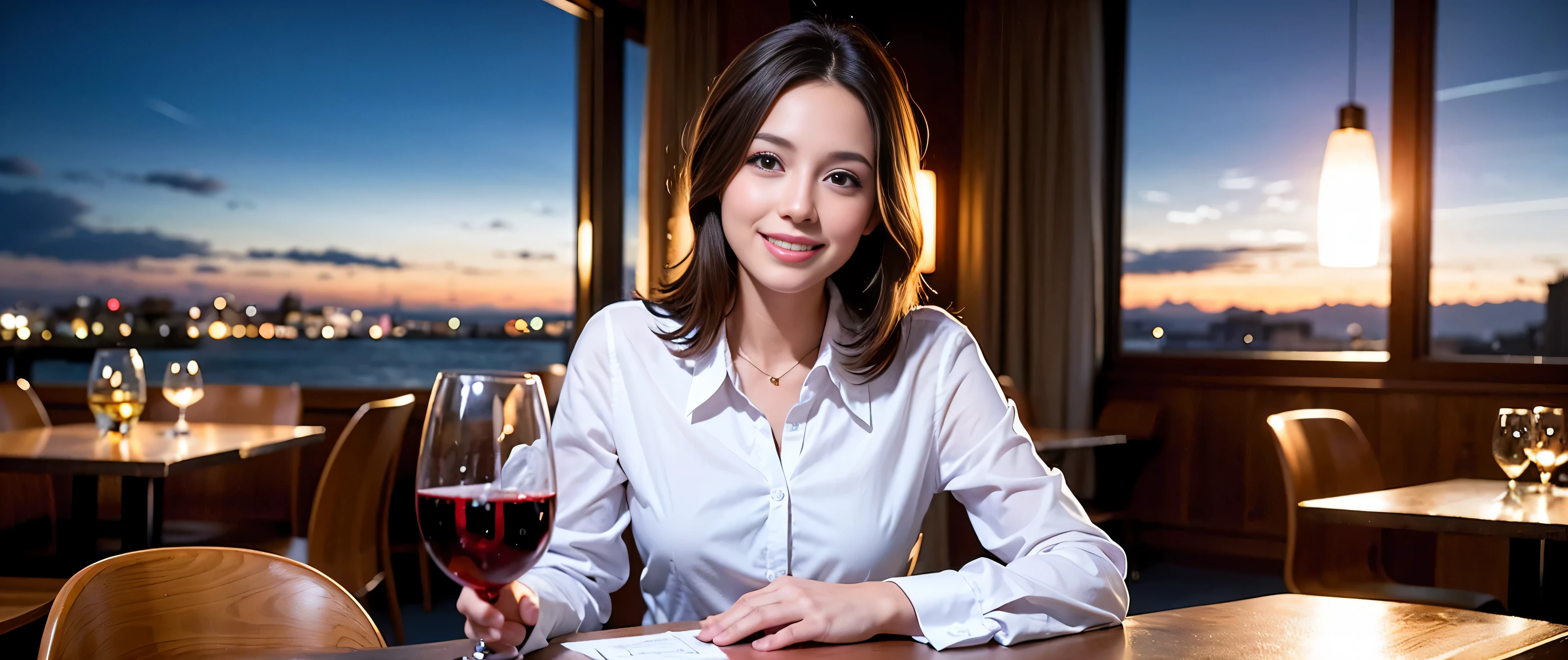 K, Hmm, highest quality, masterpiece: 1.2), (realistic, photorealistic: 1.37), Super detailed, 3 slim beauties, (slim face),Happy、 the best smile、Fox face、Berry Short、(because I&#39;thin), (brown hair), (shortcut), long sleeve shirt、winter fashion、Colombian、Brazilian、Japanese、Dutch、German、Portuguese、Belgian、Italian、French,Champagne、sparkling wine、 (squirt), (slim body), (brown hair), (shortcut), neat beauty、cheeks turn a little red, (35 years old), 38 years old, alone, A beautiful and detailed night view spreads out outside the window....., restaurant, wine glass is sitting, At night, in a prominent place (from the Upper body) nova frog style, actress, model, Upper body, White wine, slim, wine glass, Very beautiful night view, wine glass Put in the Middle, Happy smile, (smile: 1.15), 