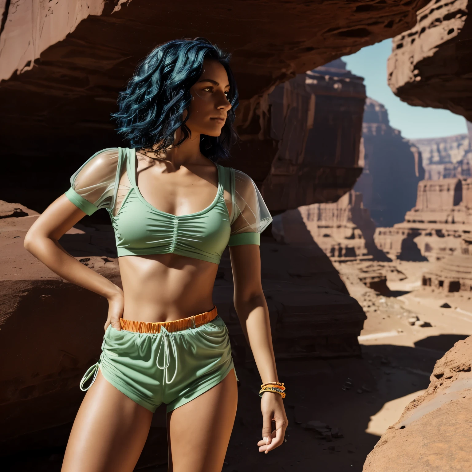 (Bright shot: 1.3), epic realistic, yellow eyes, girl raider, (one girl), light gray non-transparent short sleeve top, transparent fabric at the waist, wavy hair 1.4, (dark blue hair), short hair, dark blue and orange color scheme, (light green shorts), aesthetics of wasteland and canyons!!! n ruins, soft cinematic light, Adobe Lightroom, darkroom, HDR, intricacy, green bracelets on the arms, straps from red thrings over transparent fabric at the waist, thong under shorts