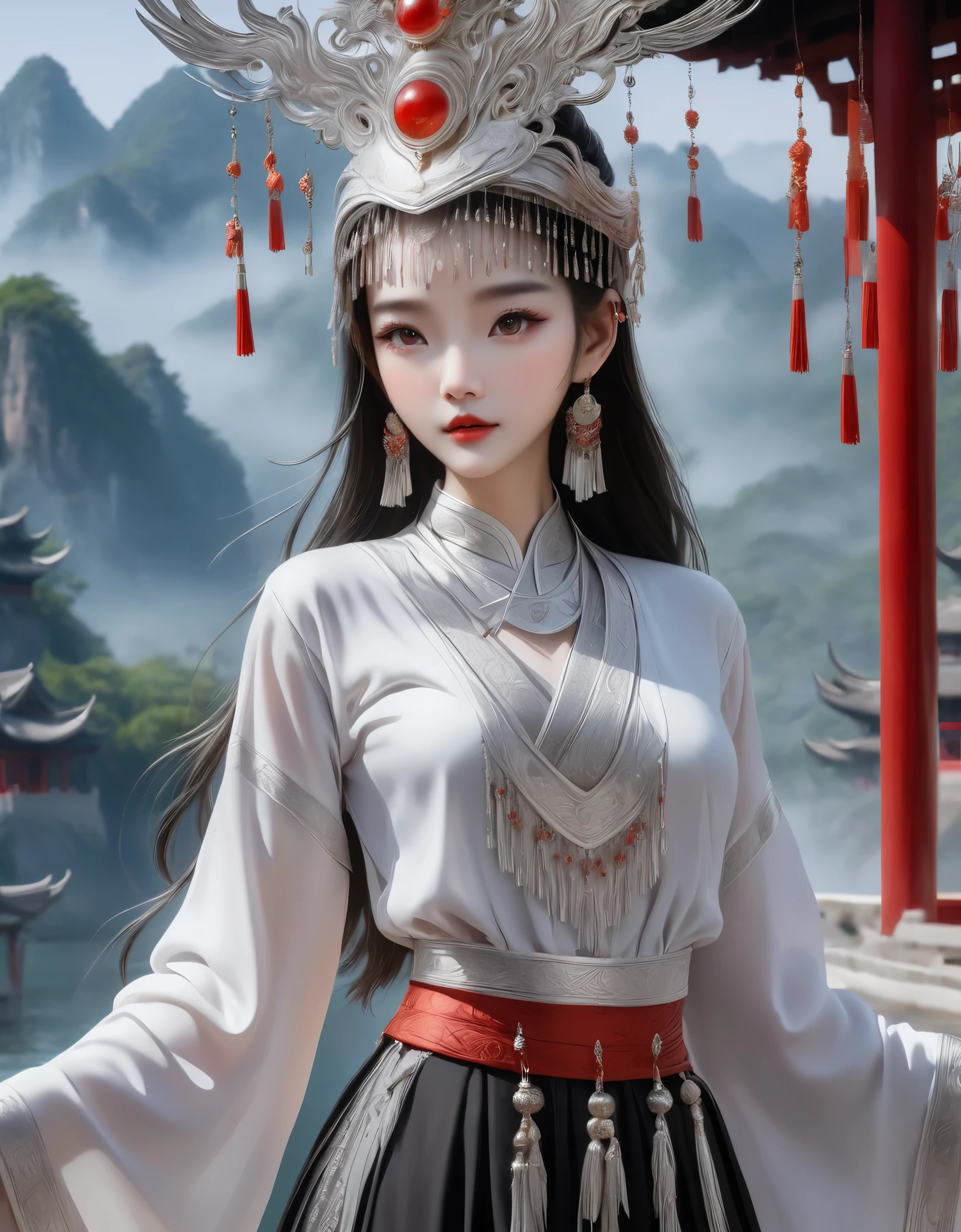 (masterpiece，high quality，8K).amazing,Inspired by the myths and legends of Guilin, China:Liu Sanjie，The most beautiful beautiful Chinese girl，Queen，Skin details，Bright Eyes，Fine lashes，unique，Gaze at the viewer），（Miao：1.5，silver jewelry：1.2，silver hat crown：1.5，silver tassel：1.37，silver collar，Silver texture，silver luster），Upper body，long sleeves，（dark ethnic wear，long skirt：1.2，waist，Black and red linen fabric detail，Miao服饰特点，totem），