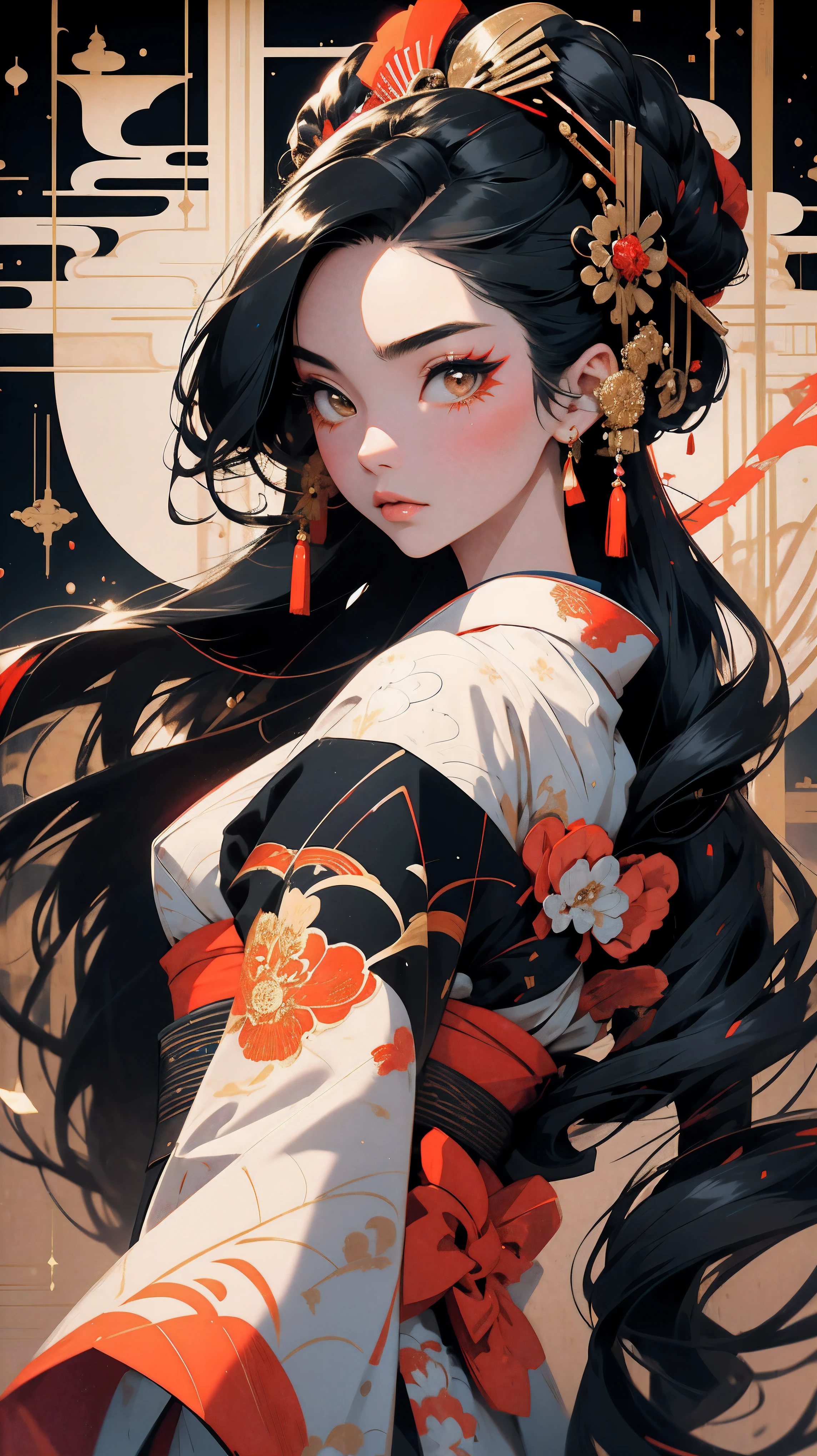 A Japanese Geisha dressed in a traditional, immaculately patterned kimono. Long black hair. The colors of the kimono are vibrant. Her hair is chicly styled, adorned with decorative hairpieces to complement her elegant appearance. She projects an aura of grace, sophistication, and cultural reverence.