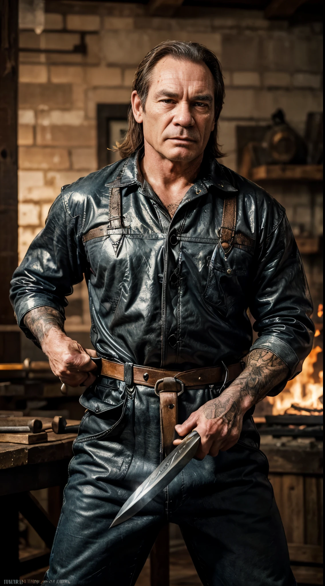 (Tommy Lee Jones:1.0), forge, coveralls, hammer, anvil, forging a sword, (best quality, masterpiece, 4k, ultra detailed, sharp focus, 8k, high definition, insanely detailed, intricate:1.2), pretty face, nose, lips, beautiful eyes