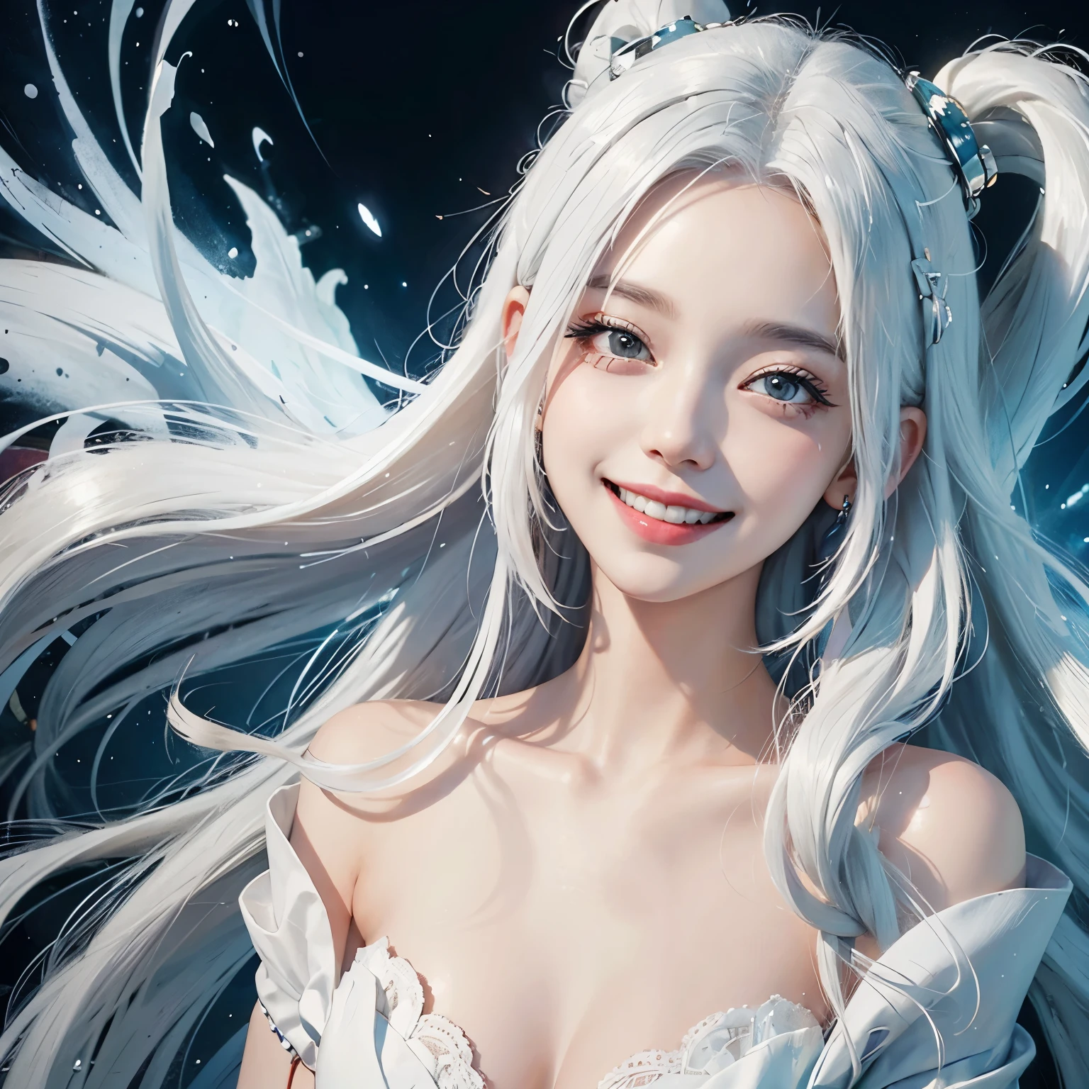 Queen, innocent, smiling with open mouth, long white hair