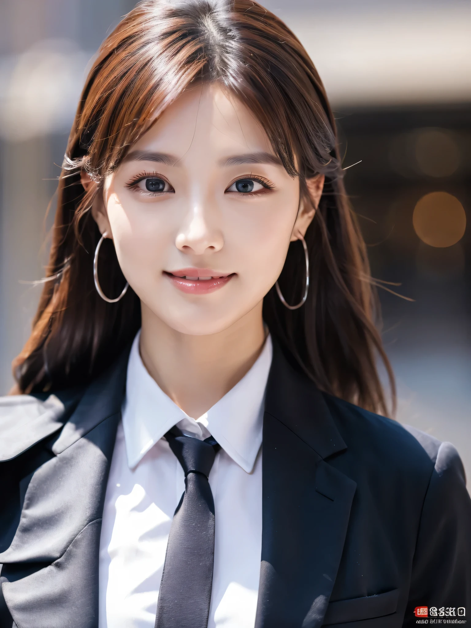 table top、highest quality、genuine、Super detailed、finely、High resolution、8k wallpaper、one beautiful woman、、、light brown disheveled hair、wearing a business suit、sharp focus、perfect dynamic composition、beautiful and detailed eyes、thin hair、Detailed genuine skin texture、smile、close-up portrait、model body shape