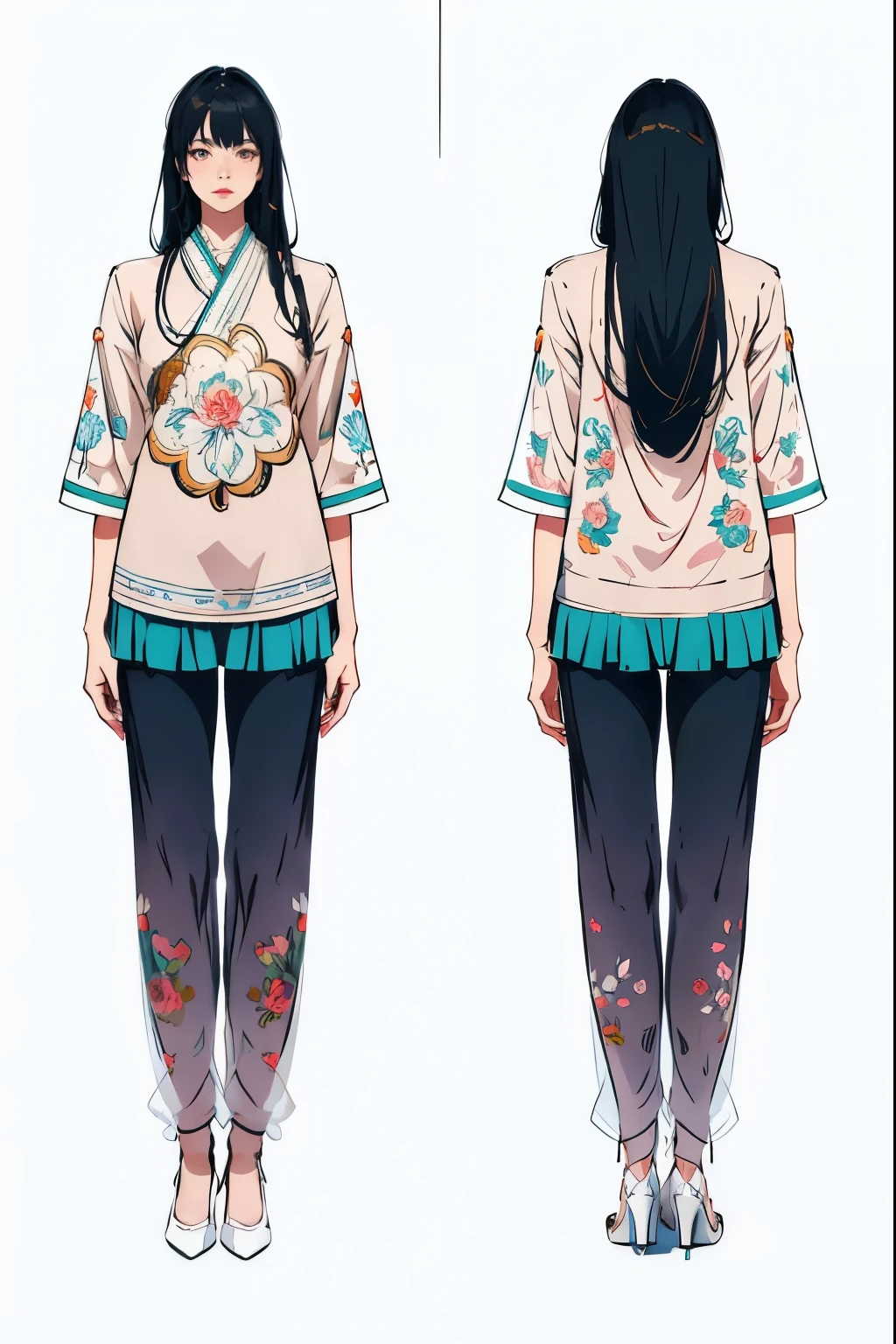 Two people wearing different clothes、Close-up of a woman with long hair, Ultra clear details,Fine pattern,Delicate pattern,Costume design, Detailed fashion illustration, Ladies, Full body details, Fashion Design, Inspired by Nagasawa Rose, Inspired by Rokkaku Ayako, detailed whole body concept, whole body concept, clothing concept, Symmetrical full body rendering, Stylized digital illustration, clear Costume design