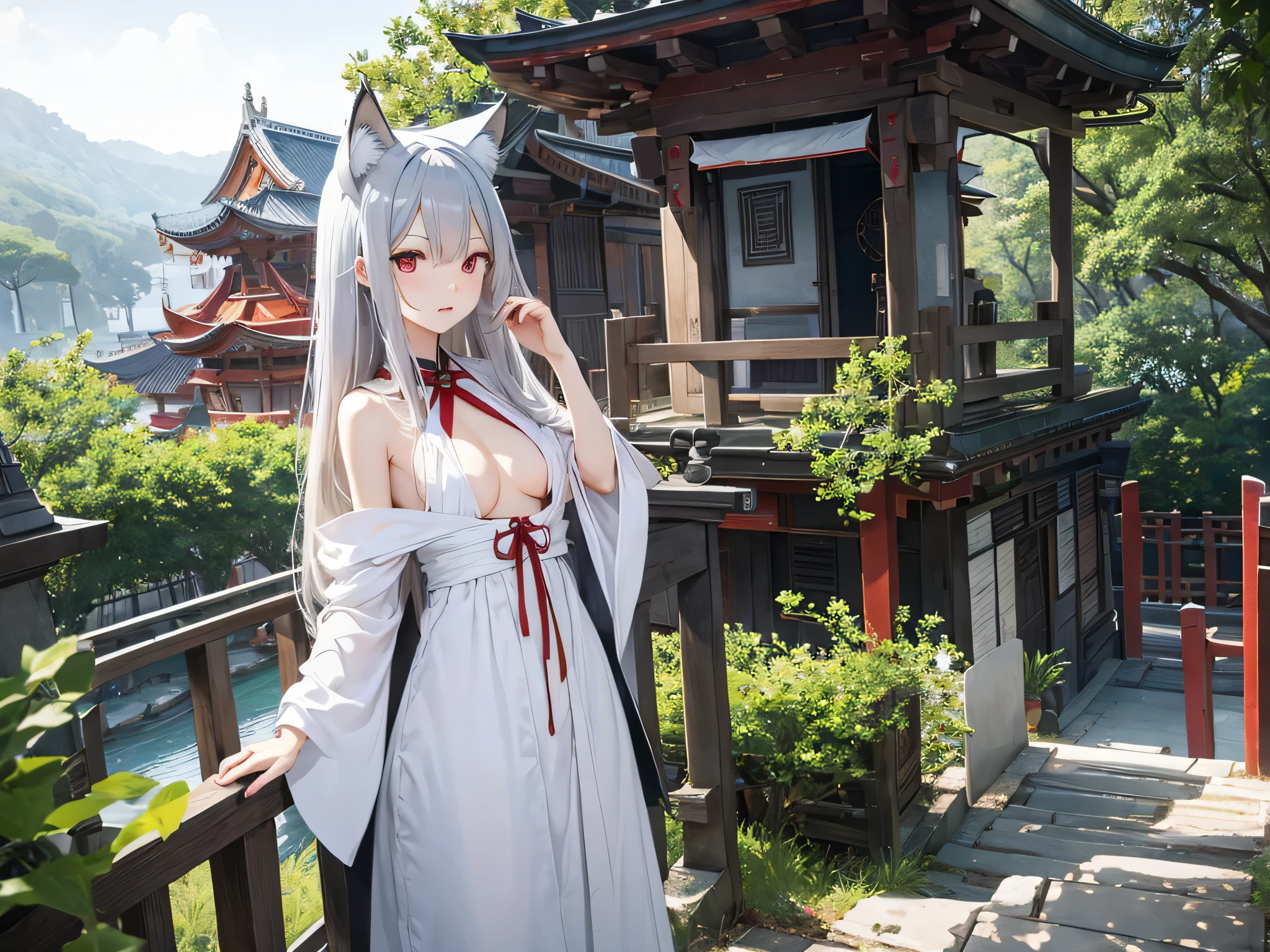 lily、gray hair、Fox、warrior、shrine、long hair、red eyes、small breasts、highest quality